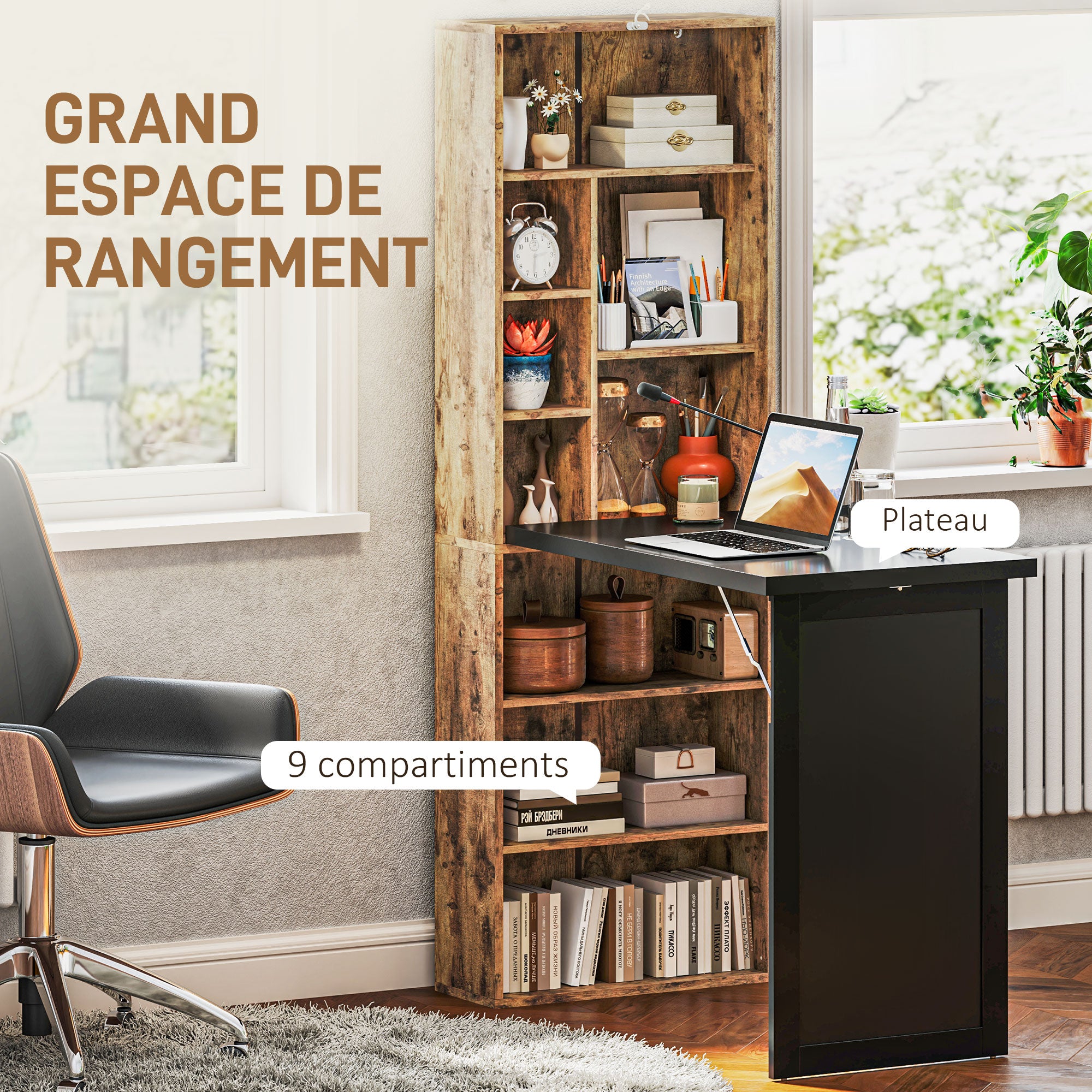 Bureau informatique pliable, bureau avec bibliothèque, poste de travail, tableau noir, 9 compartiments ouverts et étagère réglable, table d'ordinateur pour chambre, 98x51x153cm, brun rustique