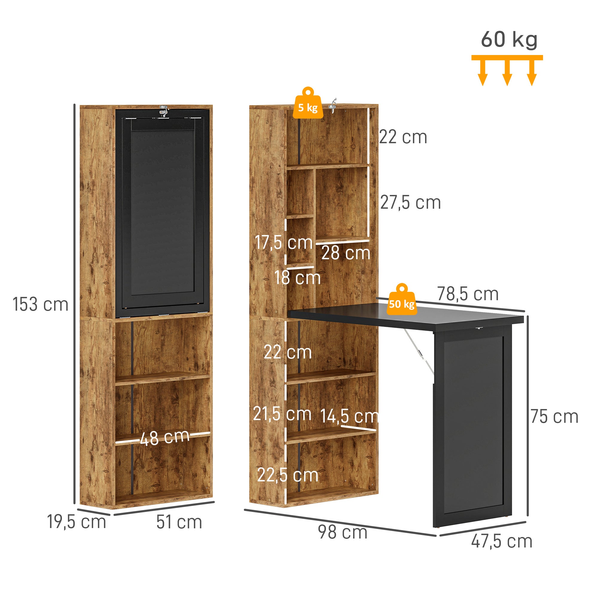 Bureau informatique pliable, bureau avec bibliothèque, poste de travail, tableau noir, 9 compartiments ouverts et étagère réglable, table d'ordinateur pour chambre, 98x51x153cm, brun rustique