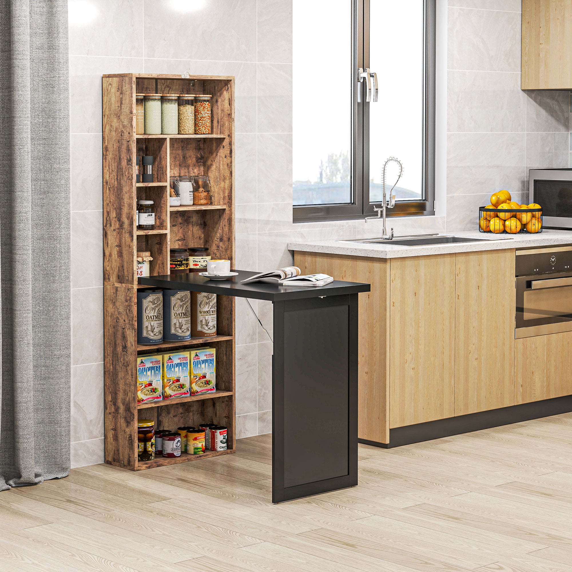 Bureau informatique pliable, bureau avec bibliothèque, poste de travail, tableau noir, 9 compartiments ouverts et étagère réglable, table d'ordinateur pour chambre, 98x51x153cm, brun rustique