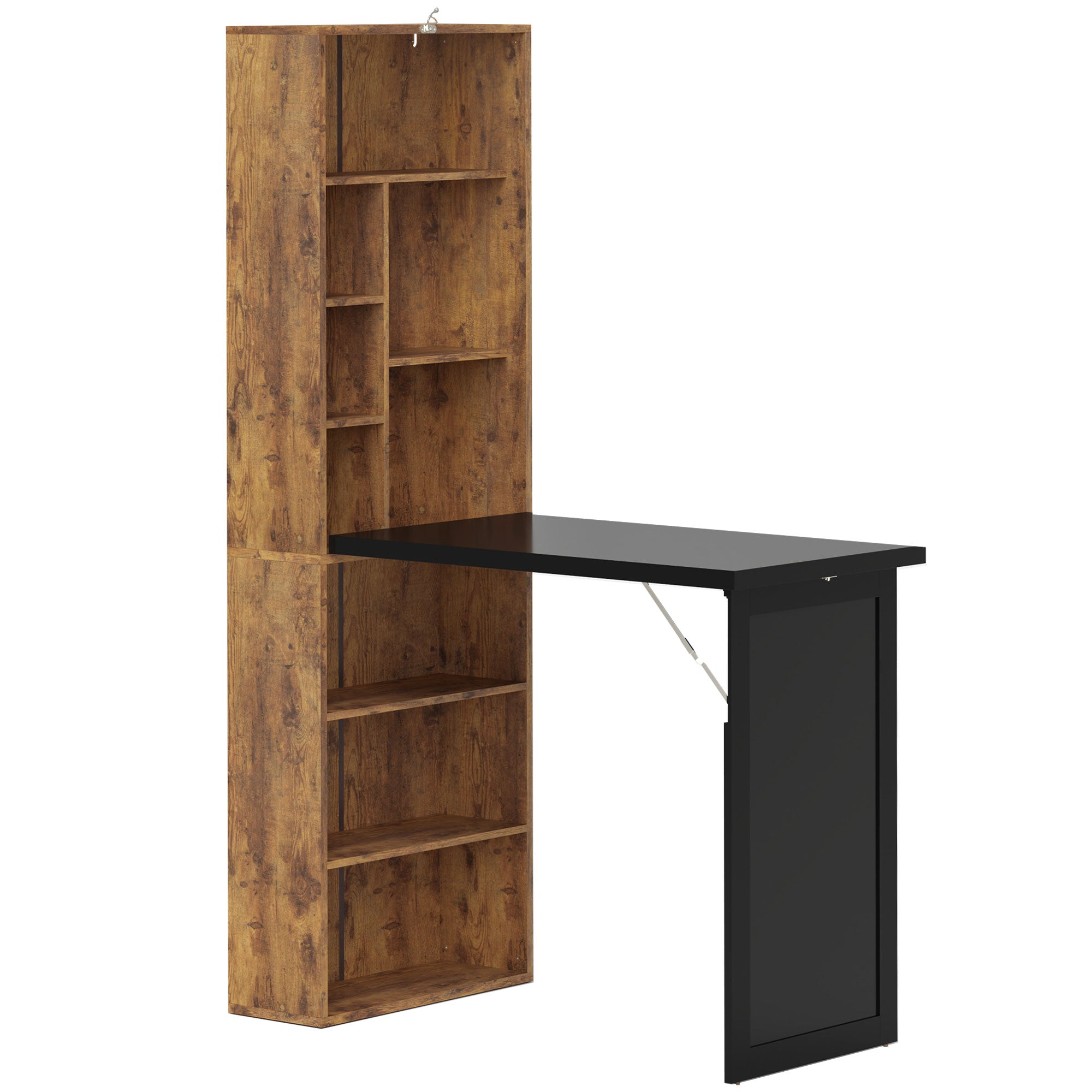 Bureau informatique pliable, bureau avec bibliothèque, poste de travail, tableau noir, 9 compartiments ouverts et étagère réglable, table d'ordinateur pour chambre, 98x51x153cm, brun rustique