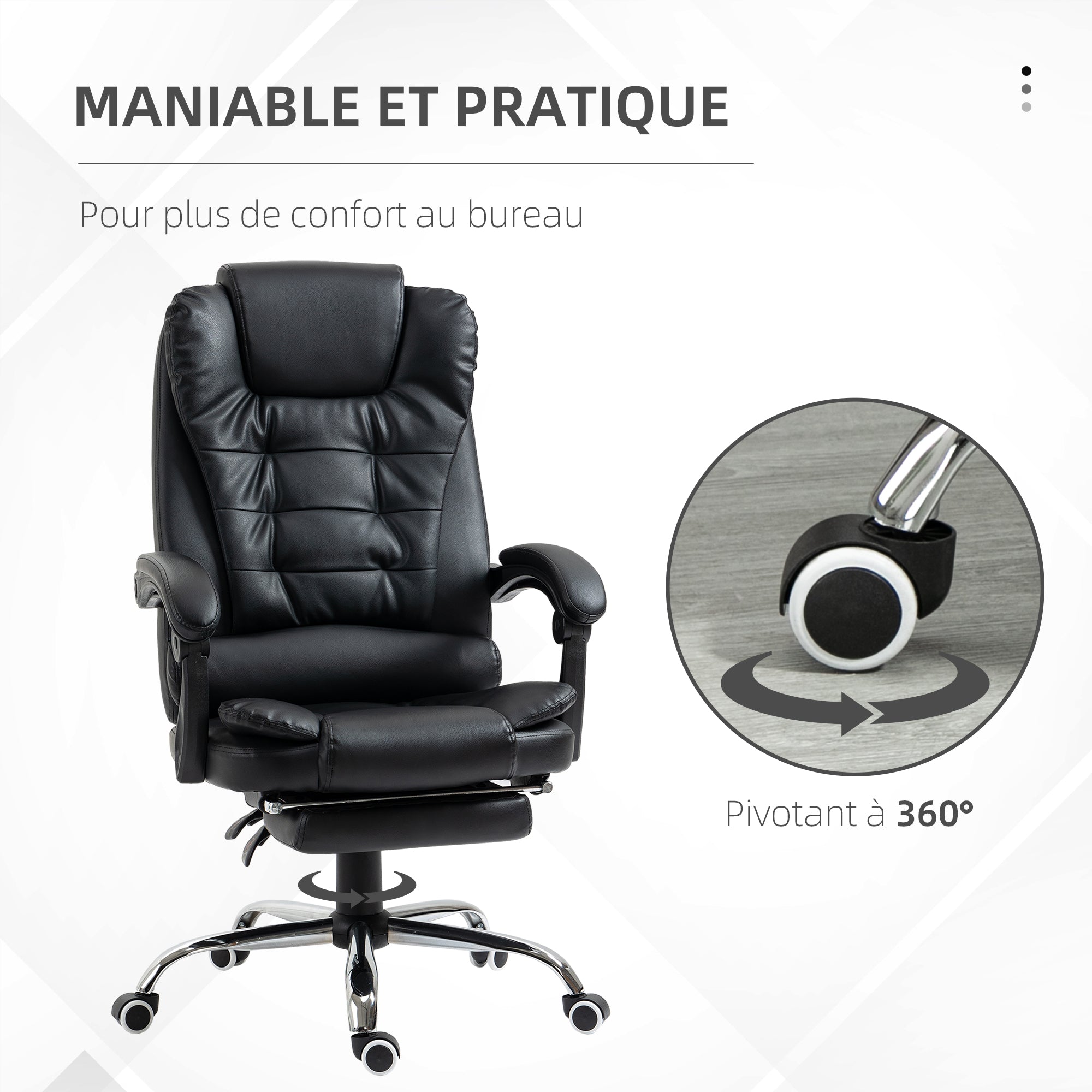 Fauteuil de bureau fauteuil manager grand confort dossier inclinable roulettes PU 64,5 x 69 x 117 cm noir