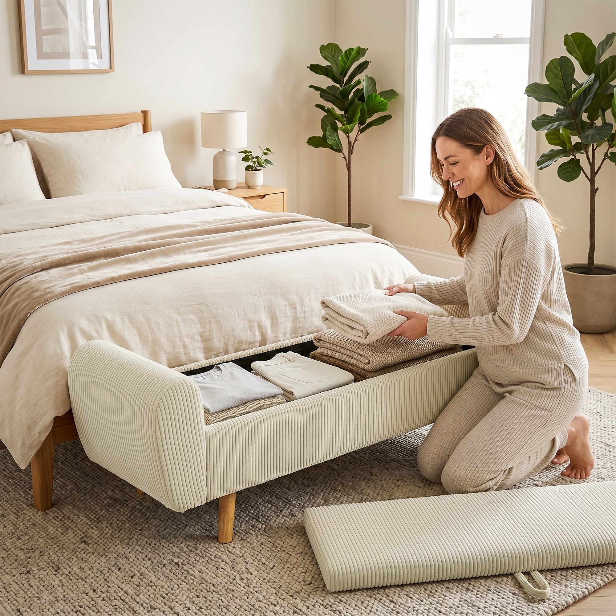 Banc de rangement 73 L, bout de lit, coffre de rangement rembourré en velours côtelé avec accoudoirs et pieds en bois d'hévéa, pour salon, chambre, entrée, 150 x 45 x 51 cm, beige