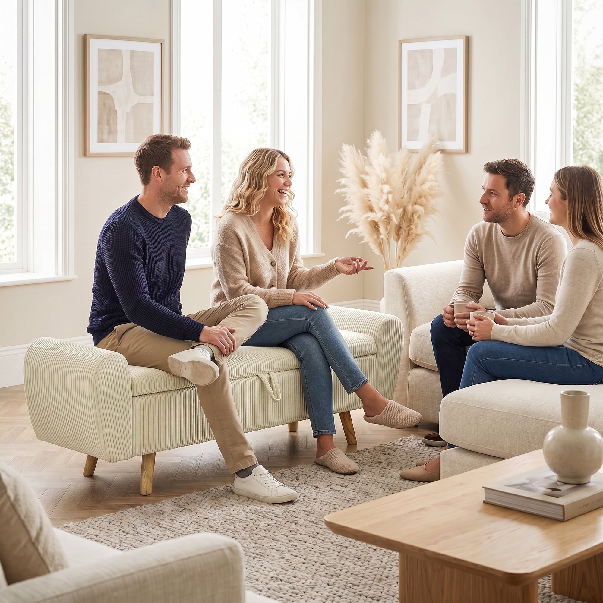 Banc de rangement 73 L, bout de lit, coffre de rangement rembourré en velours côtelé avec accoudoirs et pieds en bois d'hévéa, pour salon, chambre, entrée, 150 x 45 x 51 cm, beige