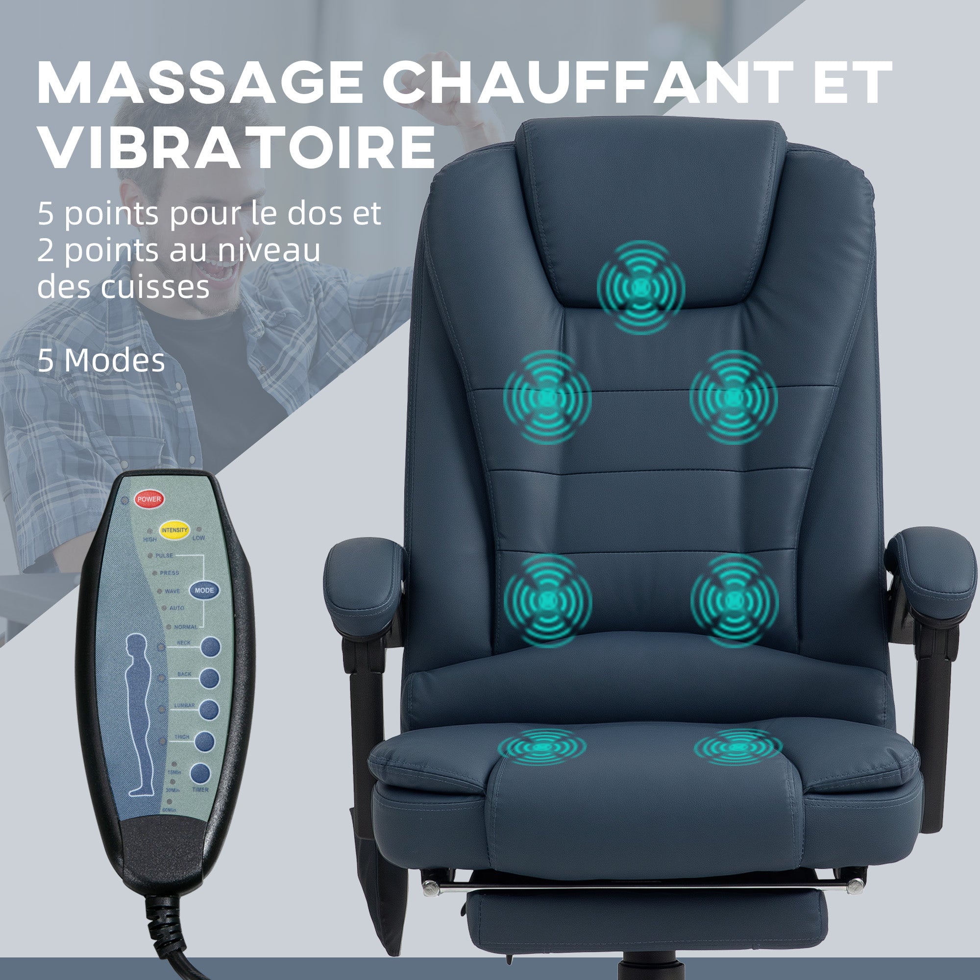 Fauteuil de bureau massant, chaise de bureau, chaise ergonomique avec hauteur réglable, dossier inclinable et télécommande filaire, repose-pieds rétractable et pivotant à 360°, bleu