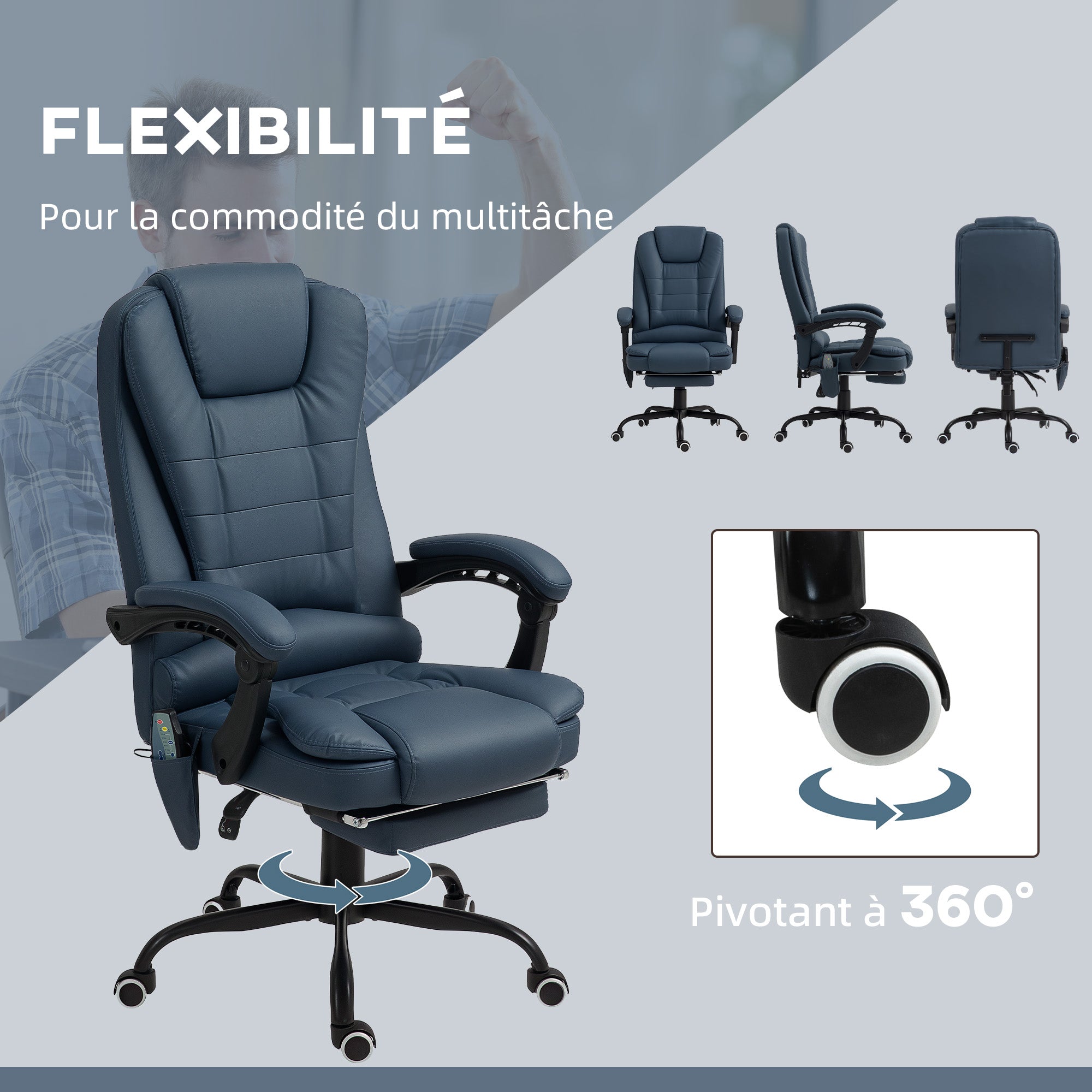 Fauteuil de bureau massant, chaise de bureau, chaise ergonomique avec hauteur réglable, dossier inclinable et télécommande filaire, repose-pieds rétractable et pivotant à 360°, bleu