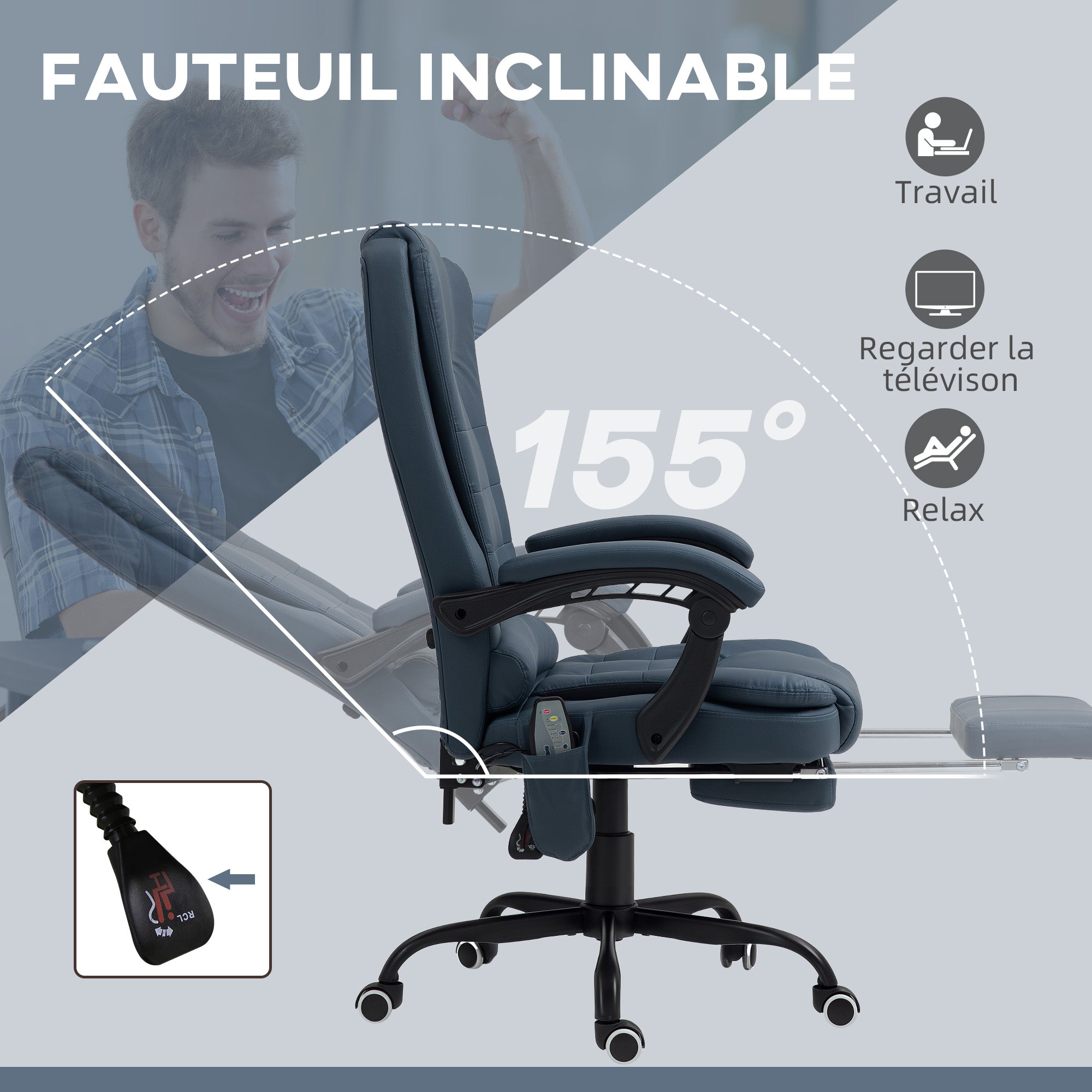 Fauteuil de bureau massant, chaise de bureau, chaise ergonomique avec hauteur réglable, dossier inclinable et télécommande filaire, repose-pieds rétractable et pivotant à 360°, bleu