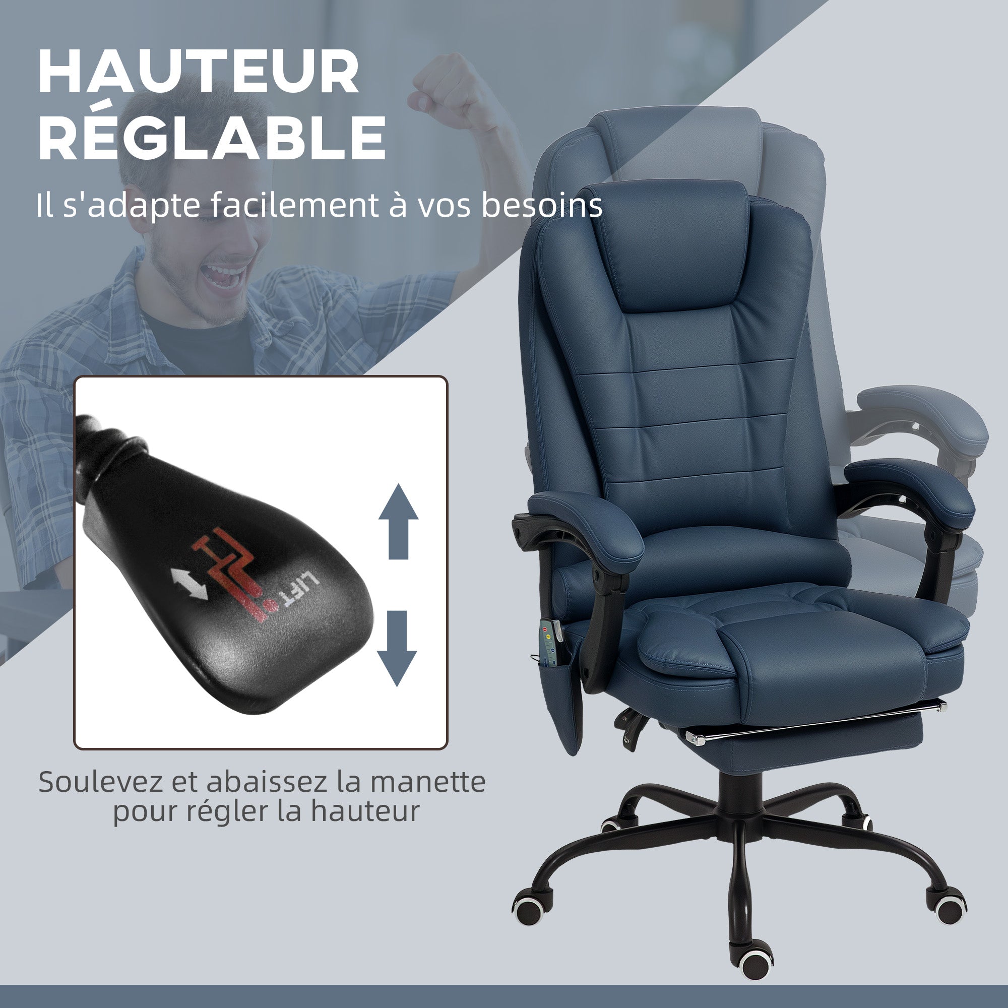 Fauteuil de bureau massant, chaise de bureau, chaise ergonomique avec hauteur réglable, dossier inclinable et télécommande filaire, repose-pieds rétractable et pivotant à 360°, bleu