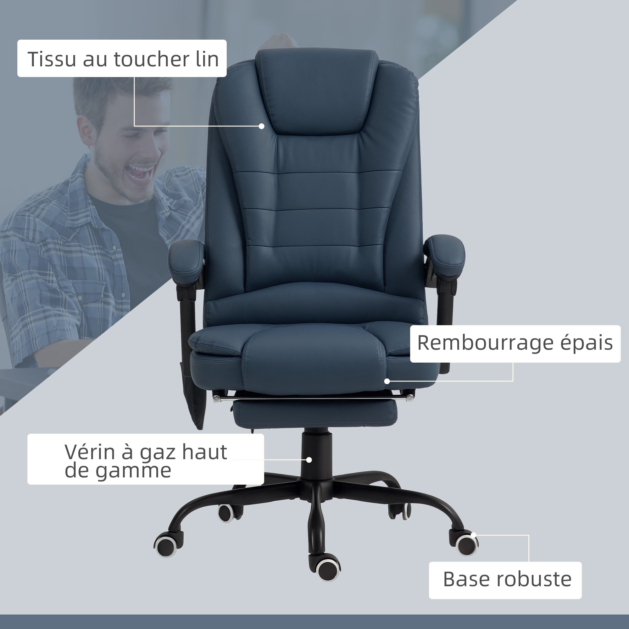Fauteuil de bureau massant, chaise de bureau, chaise ergonomique avec hauteur réglable, dossier inclinable et télécommande filaire, repose-pieds rétractable et pivotant à 360°, bleu