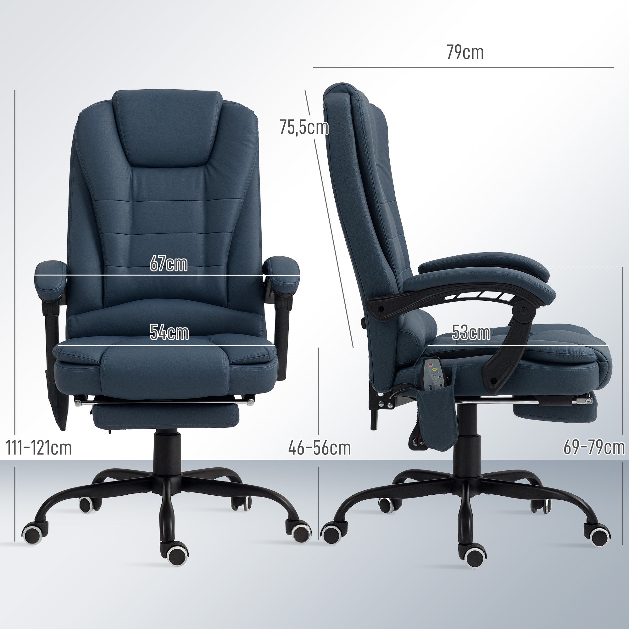 Fauteuil de bureau massant, chaise de bureau, chaise ergonomique avec hauteur réglable, dossier inclinable et télécommande filaire, repose-pieds rétractable et pivotant à 360°, bleu