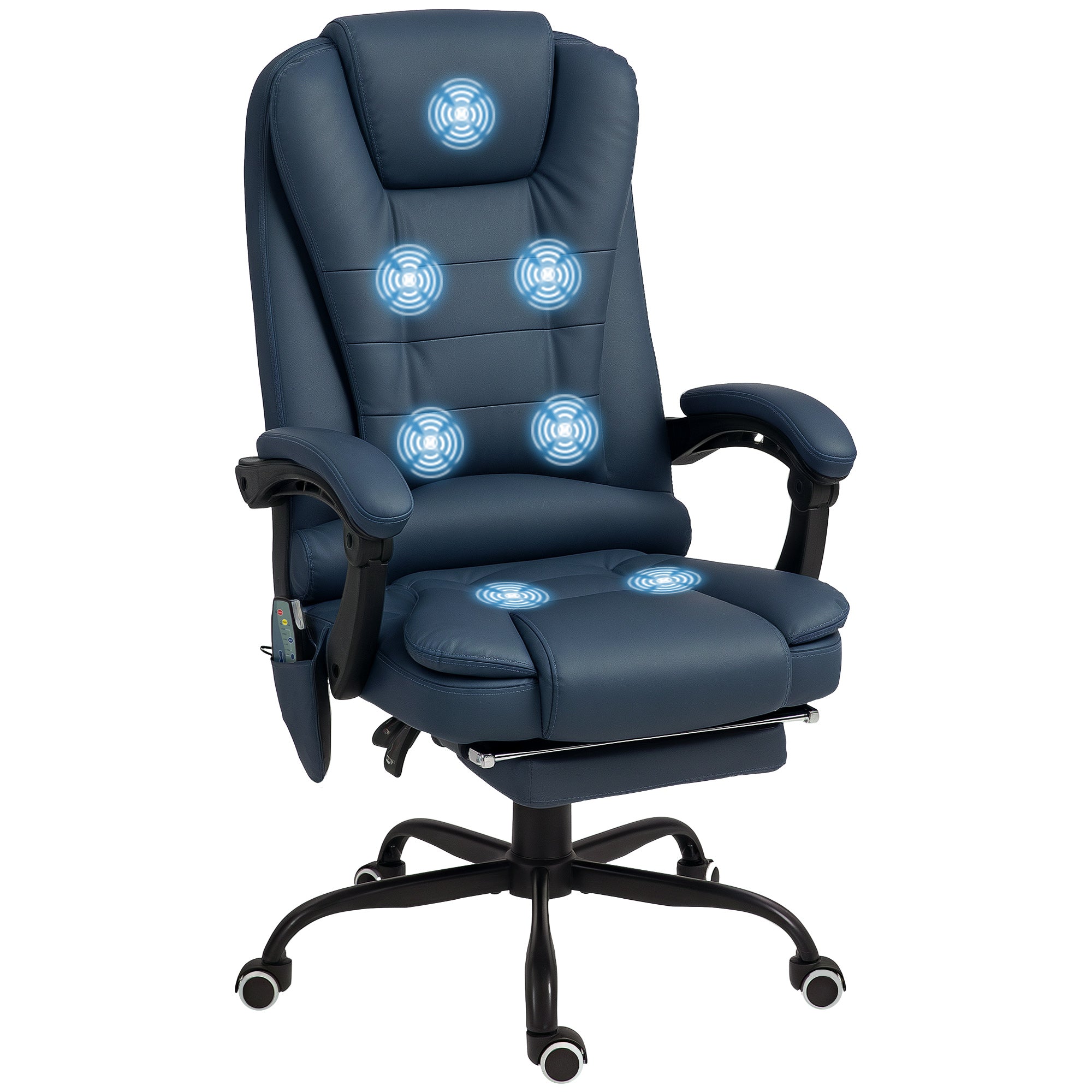 Fauteuil de bureau massant, chaise de bureau, chaise ergonomique avec hauteur réglable, dossier inclinable et télécommande filaire, repose-pieds rétractable et pivotant à 360°, bleu