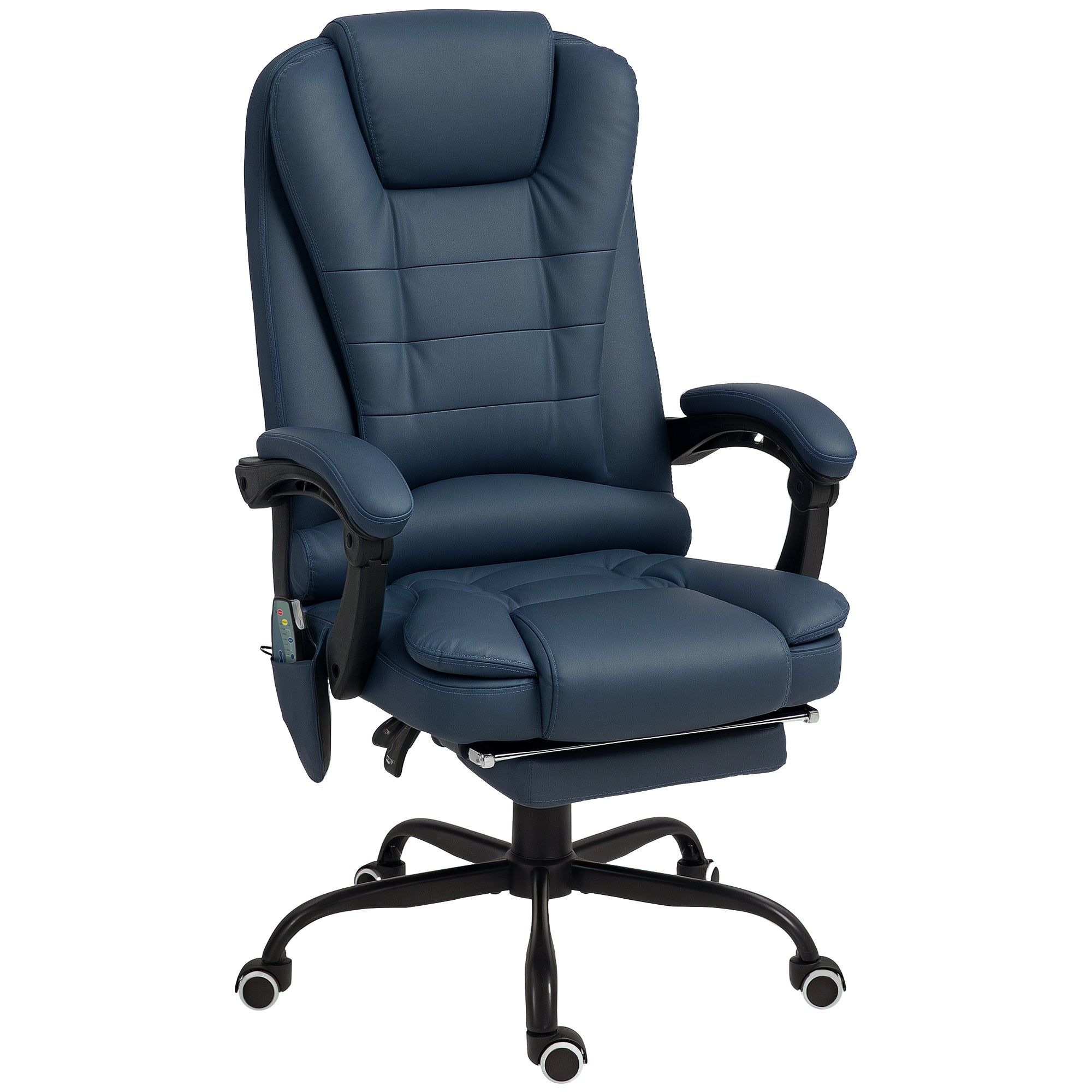 Fauteuil de bureau massant, chaise de bureau, chaise ergonomique avec hauteur réglable, dossier inclinable et télécommande filaire, repose-pieds rétractable et pivotant à 360°, bleu