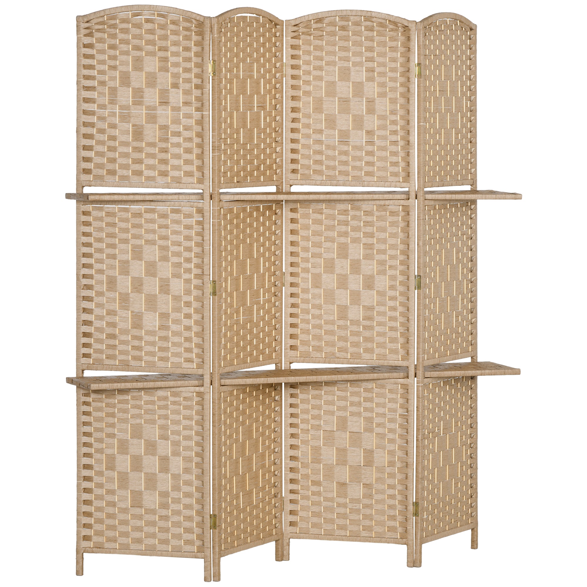 Paravent séparateur de pièce 4 panneaux 160 x170 cm avec 2 étagères, pliable, en bois pour le bureau, salon, chambre, bois naturel