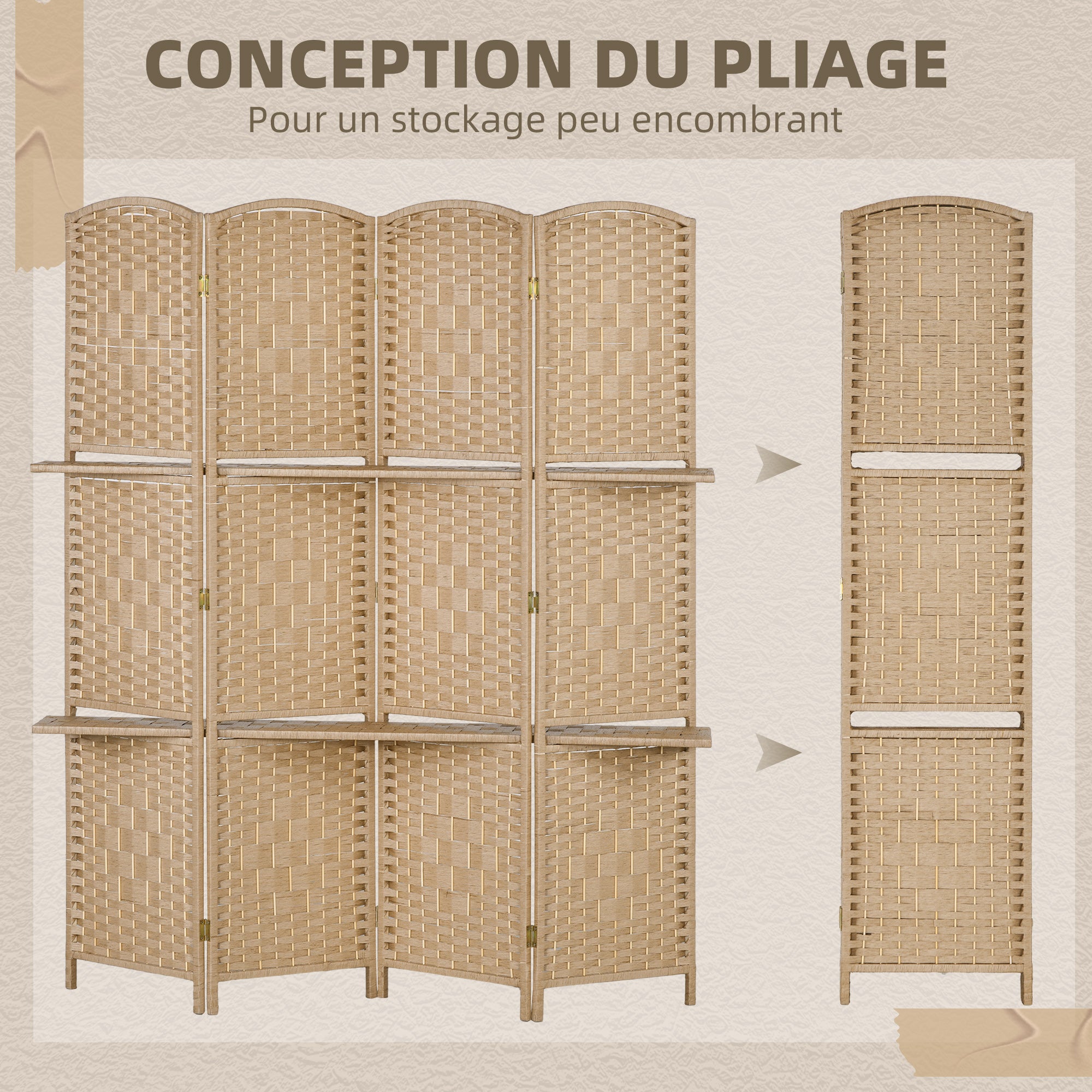 Paravent séparateur de pièce 4 panneaux 160 x170 cm avec 2 étagères, pliable, en bois pour le bureau, salon, chambre, bois naturel