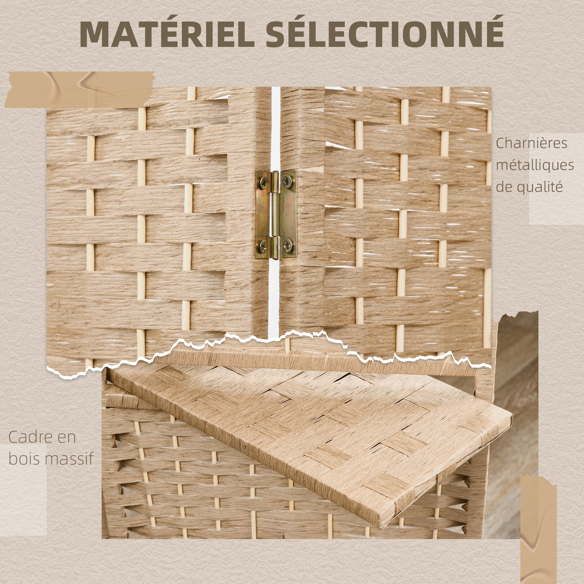 Paravent séparateur de pièce 4 panneaux 160 x170 cm avec 2 étagères, pliable, en bois pour le bureau, salon, chambre, bois naturel