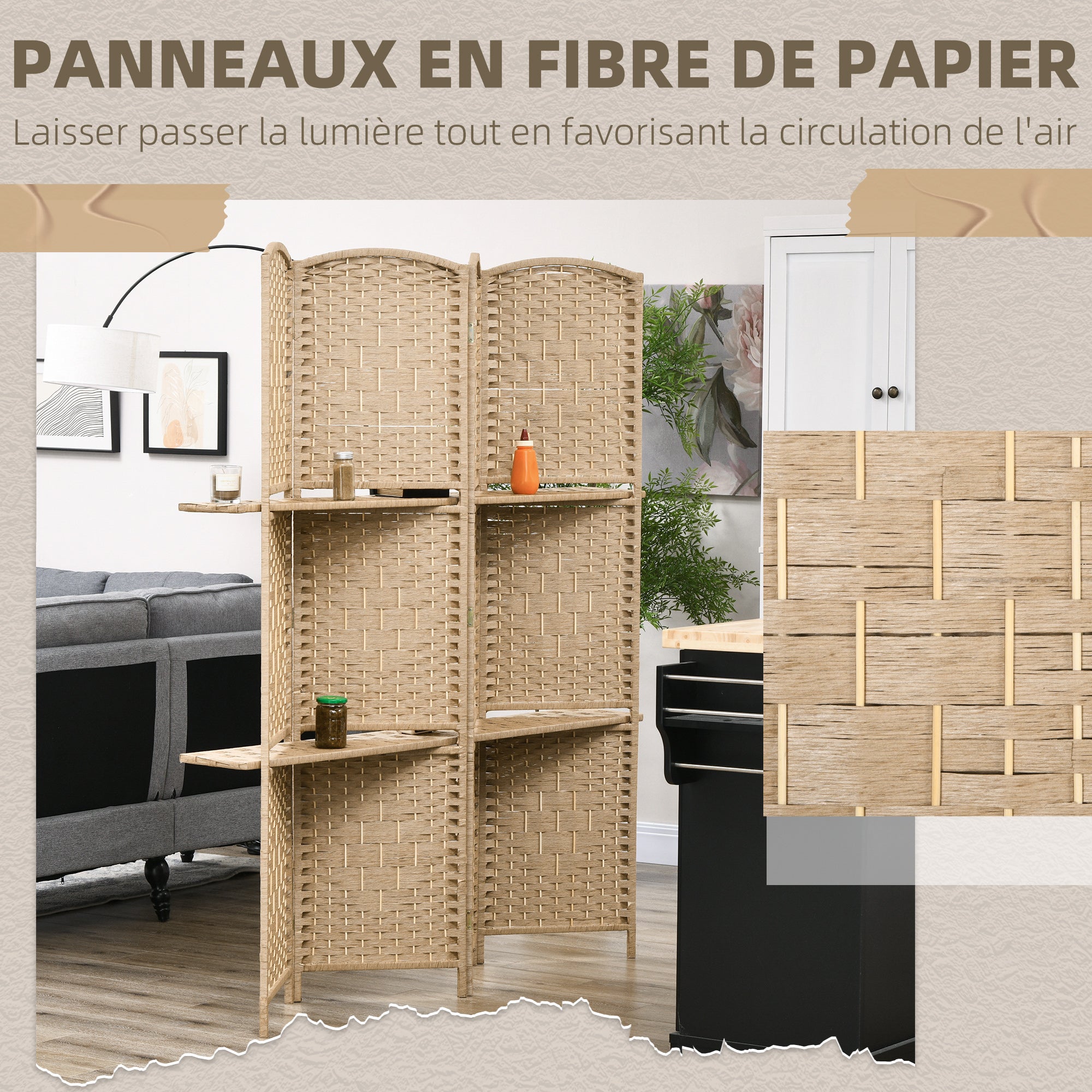 Paravent séparateur de pièce 4 panneaux 160 x170 cm avec 2 étagères, pliable, en bois pour le bureau, salon, chambre, bois naturel