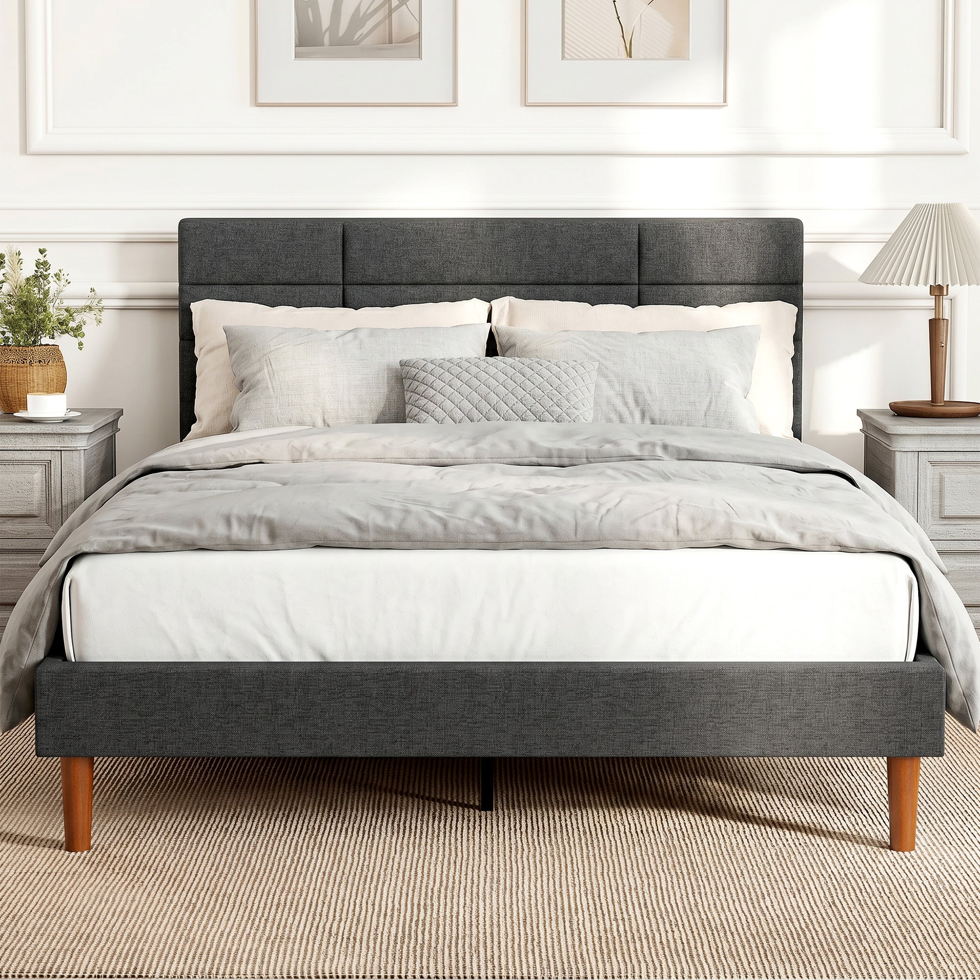 Cadre de Lit 140 x 200 cm avec Sommier Bois, Lit Double Rembourré en Effet Lin, 9 Pieds Robustes Supporte 500 KG, Tête de Lit Quadrillé, Rangement au-dessous, Sans Bruit, Montage Facile, Gris
