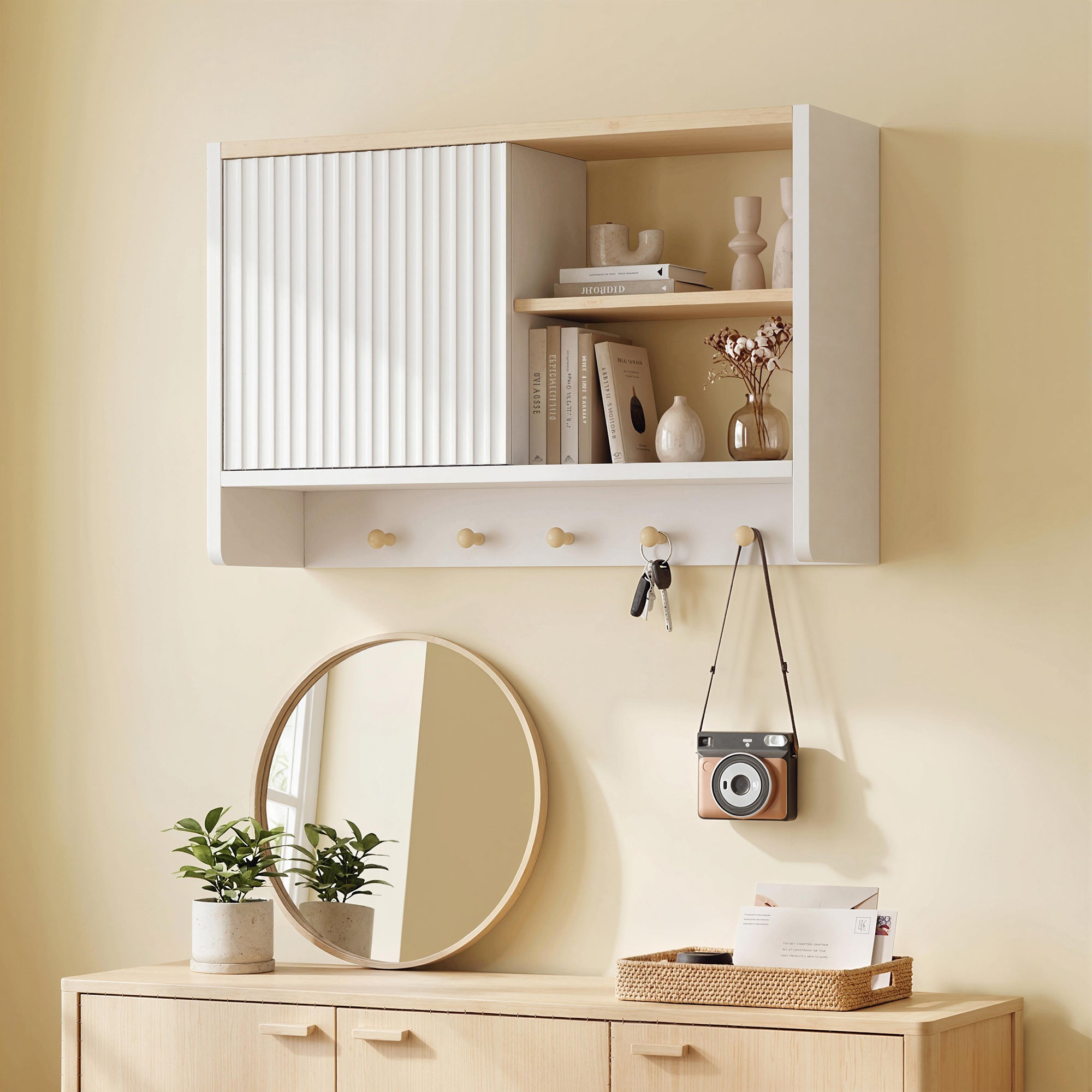 Armoire murale de salle de bain, meuble de rangement suspendu pour salle de bains avec porte, étagères ouvertes et 5 crochets, meuble WC suspendu, 60 x 20 x 40 cm, blanc et chêne