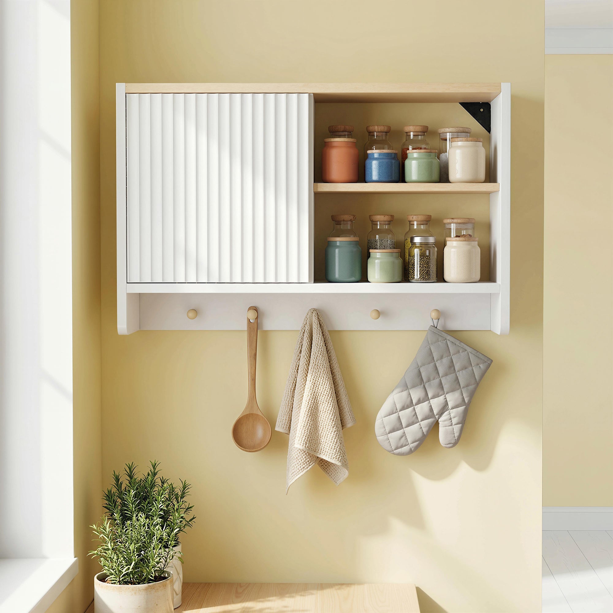 Armoire murale de salle de bain, meuble de rangement suspendu pour salle de bains avec porte, étagères ouvertes et 5 crochets, meuble WC suspendu, 60 x 20 x 40 cm, blanc et chêne
