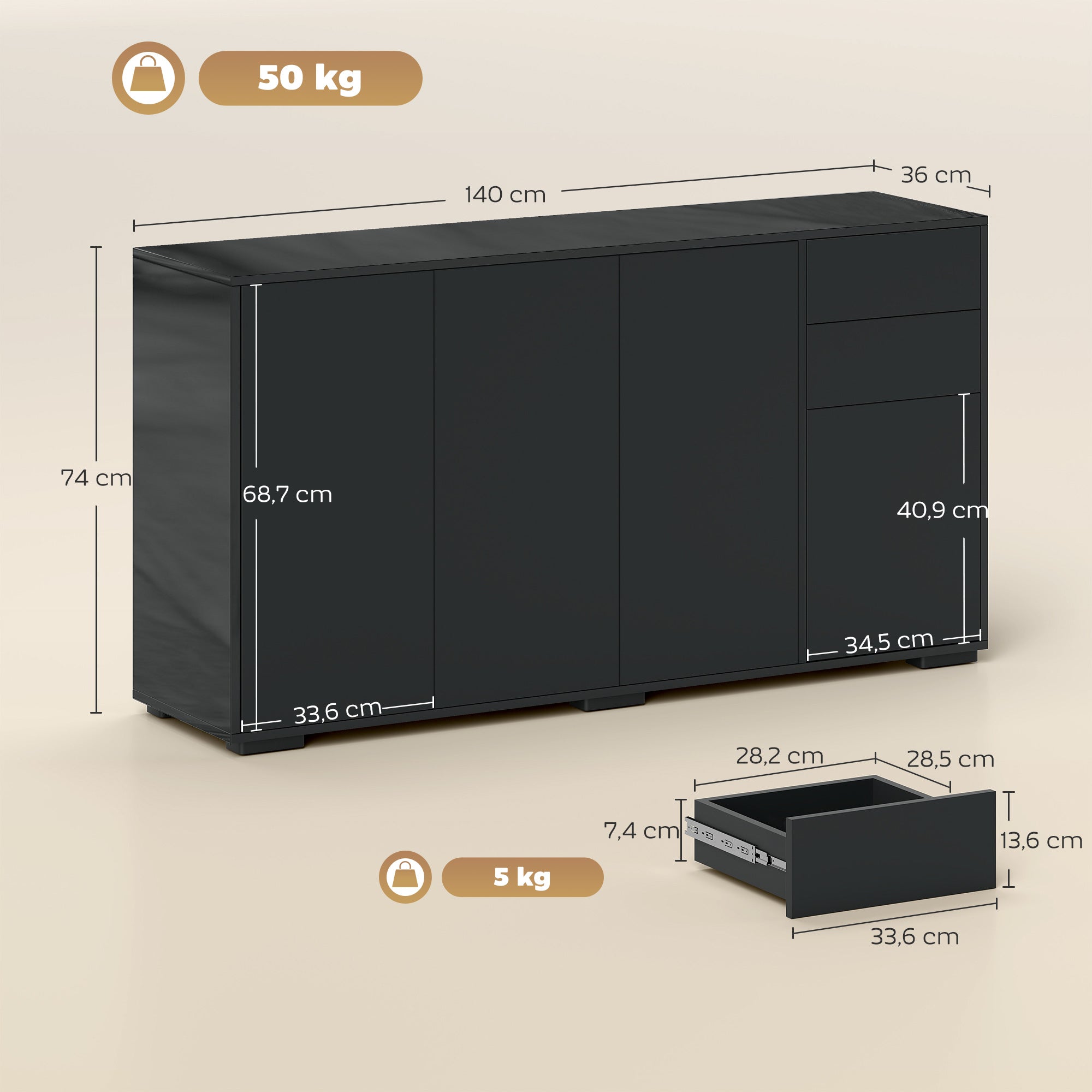 Buffet meuble de rangement 2 tiroirs coulissants 4 portes étagère réglable panneaux de particules 140 x 36 x 74 cm noir
