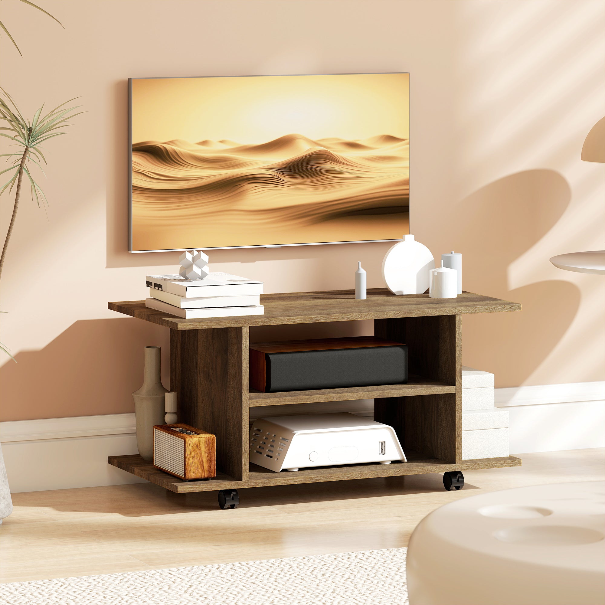 Meuble TV avec roulettes 80 cm, meuble télé pour téléviseur jusqu'à 42 pouces avec étagères ouvertes, style moderne, banc TV pour salon, chambre, noir