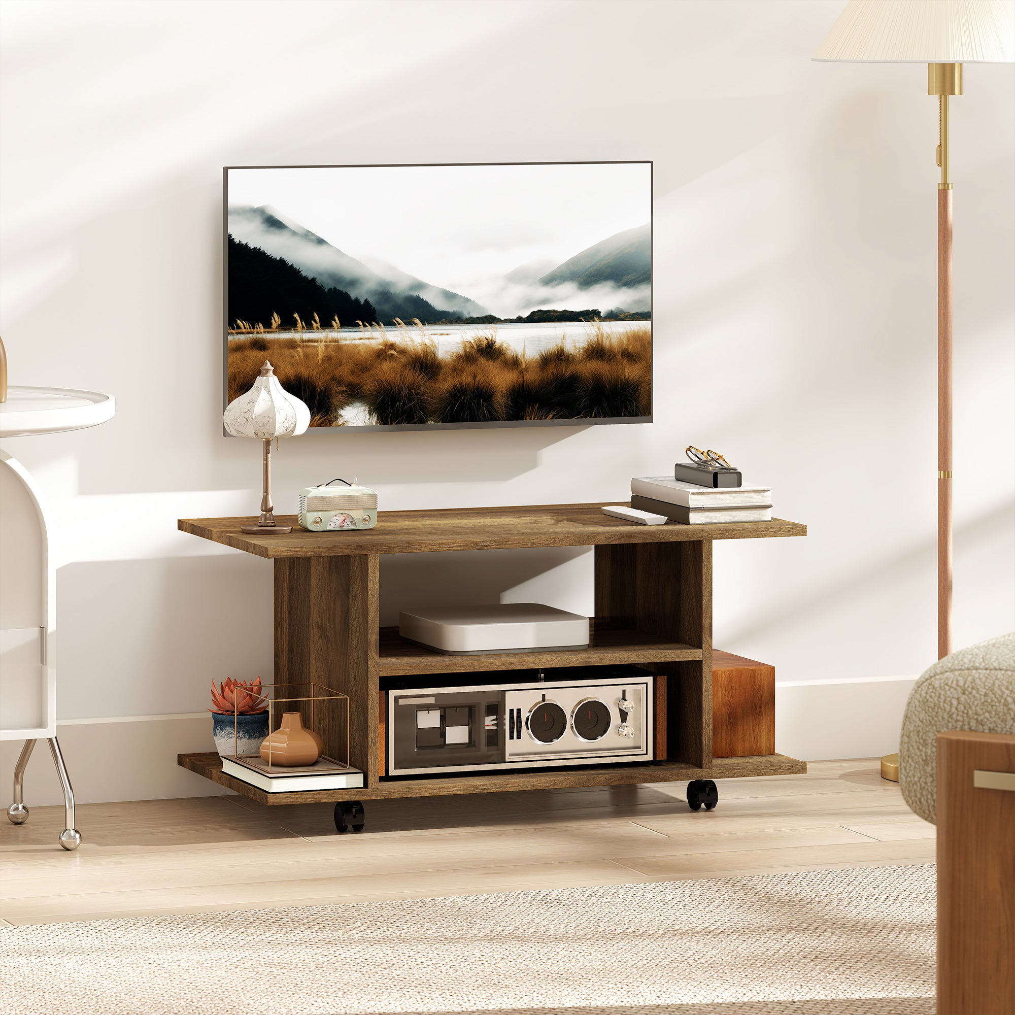 Meuble TV avec roulettes 80 cm, meuble télé pour téléviseur jusqu'à 42 pouces avec étagères ouvertes, style moderne, banc TV pour salon, chambre, noir