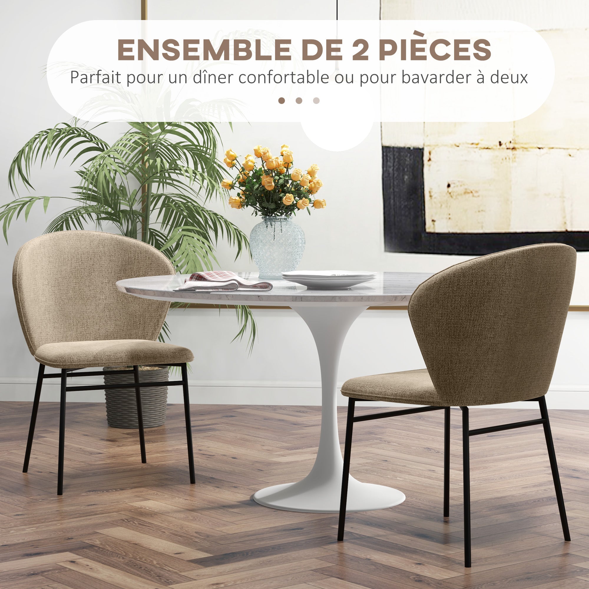 Lot de 2 chaises de salle à manger, chaise de cuisine, assise rembourrée en tissu aspect lin, pieds en acier stable, chaise de salle de bureau, design moderne, marron clair