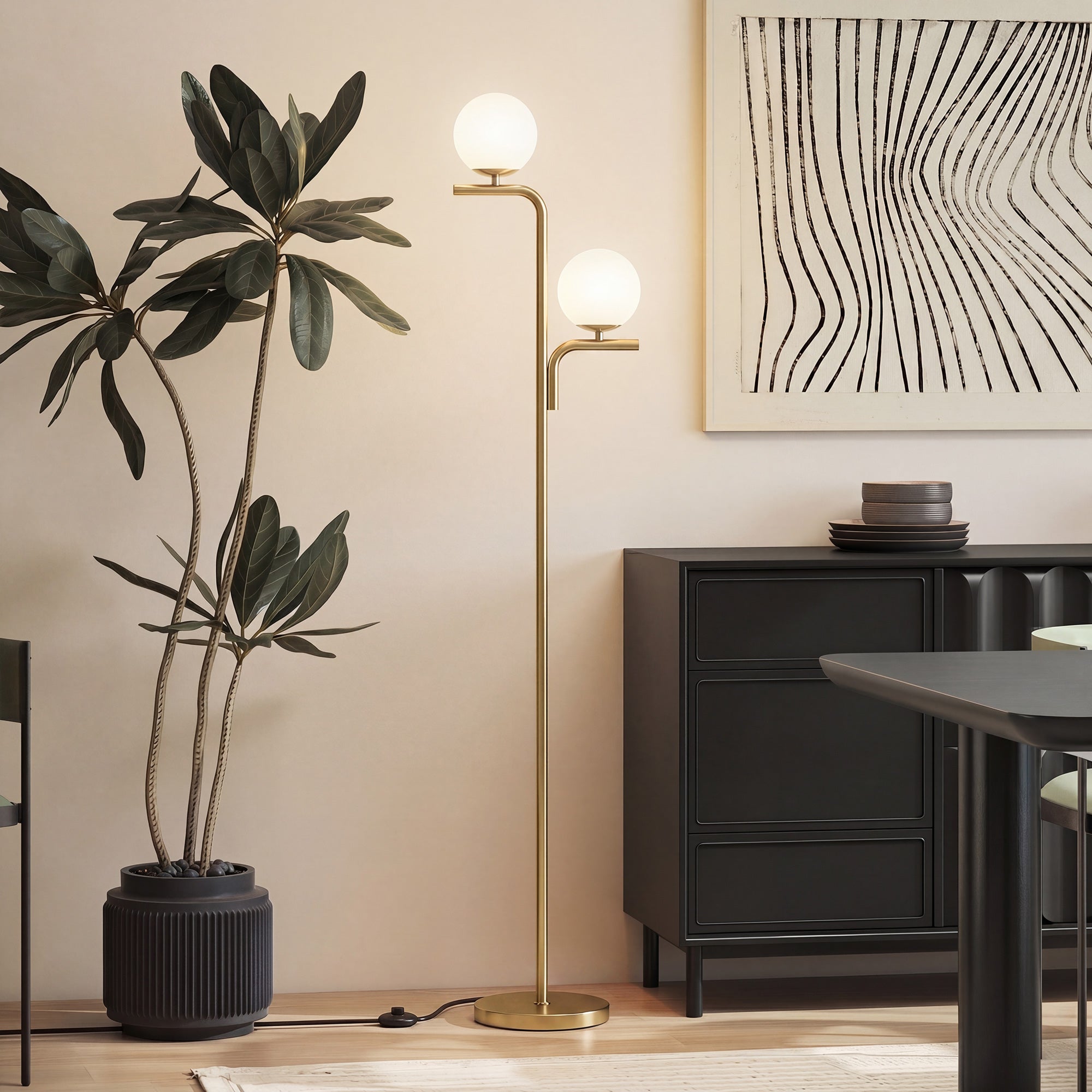 Lampadaire sur Pied Salon à Double Tête, Lampe sur Pied Moderne avec Abat-Jour en Verre Sphérique, 3 Températures de Couleur, Douille E27, Interrupteur au Pied, pour Chambre, Bureau, Doré