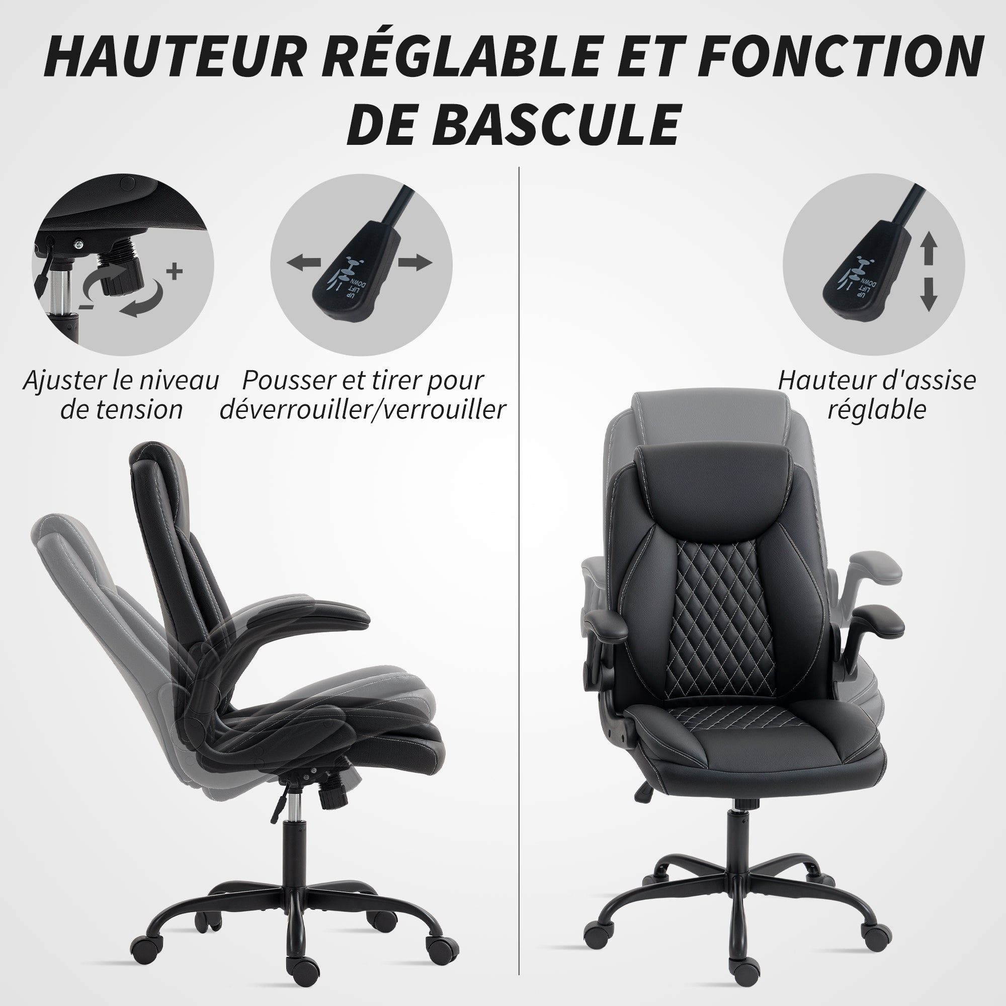 Fauteuil de bureau avec accoudoirs relevables, chaise bureau ergonomique avec hauteur réglable, fonction de bascule, large assise rembourrée, pivotant 360°, charge 120 Kg, noir