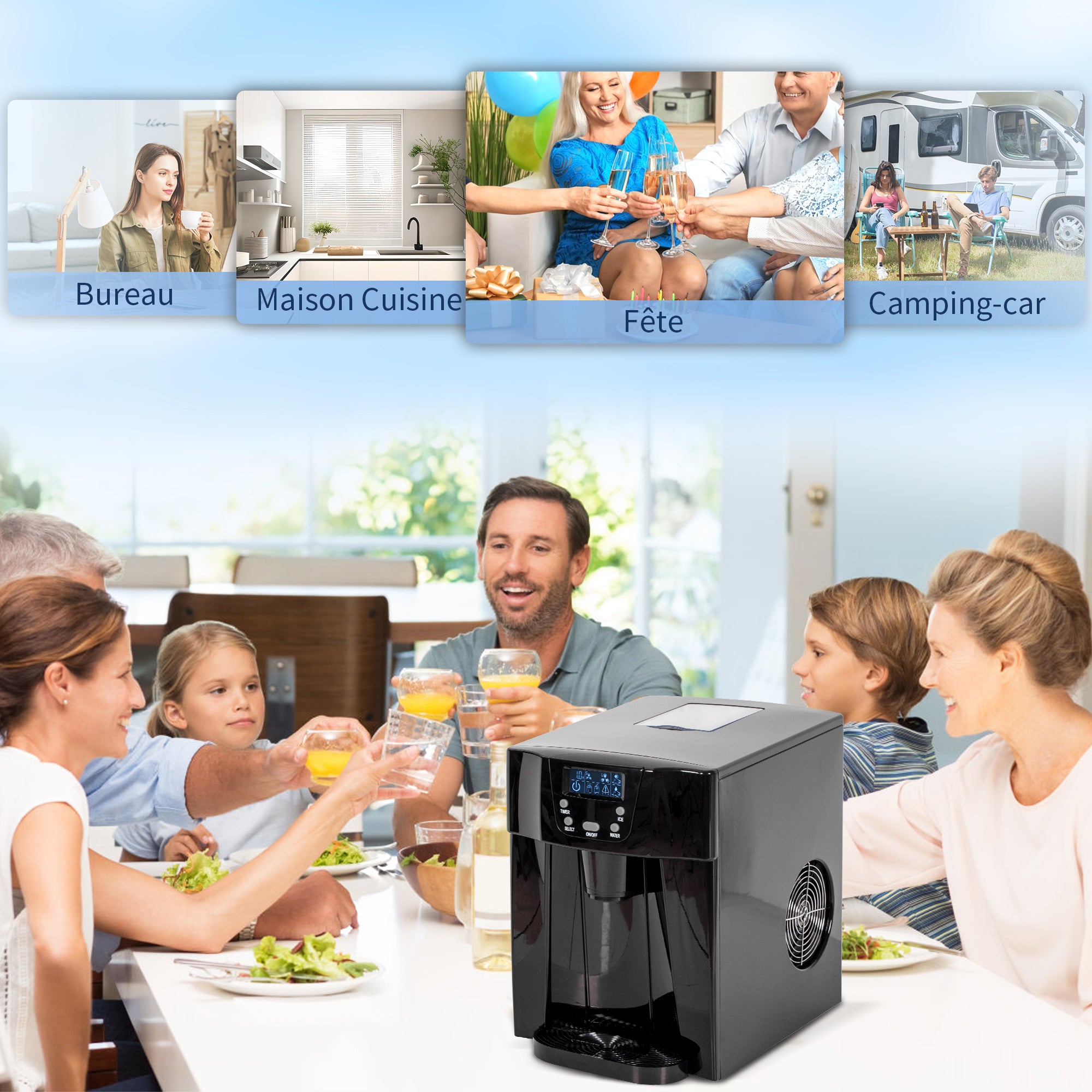 Machine à glaçons avec distributeur d'eau, 12kg en 24h, 9 glaçons en 6-10 minutes, ice maker portable, taille de glaçon réglable, minuterie, pour maison, cuisine, bureau, bar, noir