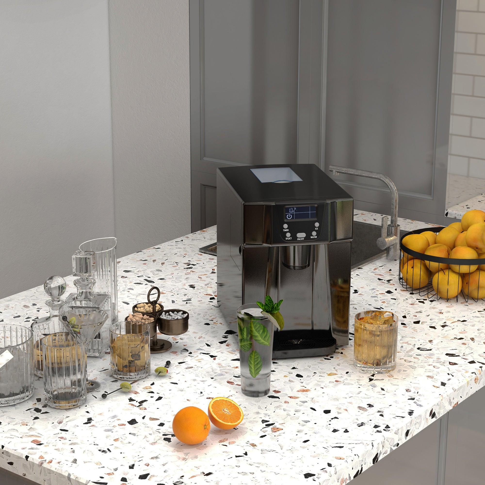 Machine à glaçons avec distributeur d'eau, 12kg en 24h, 9 glaçons en 6-10 minutes, ice maker portable, taille de glaçon réglable, minuterie, pour maison, cuisine, bureau, bar, noir