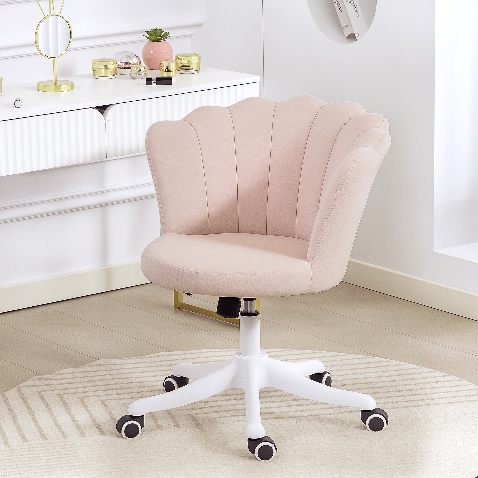Chaise bureau en velours, chaise coiffeuse avec dossier en pétale, hauteur réglable, fonction bascule, assise rembourrée et pivotante, fauteuil coquillage pour bureau, salon, chambre, rose