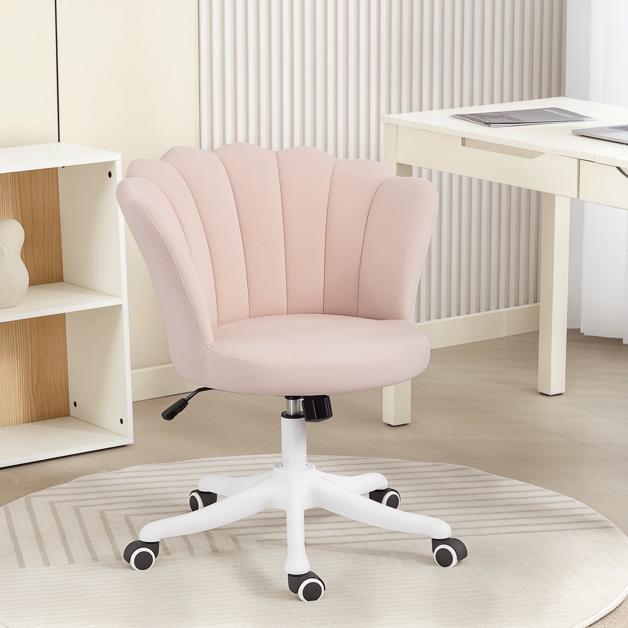 Chaise bureau en velours, chaise coiffeuse avec dossier en pétale, hauteur réglable, fonction bascule, assise rembourrée et pivotante, fauteuil coquillage pour bureau, salon, chambre, rose