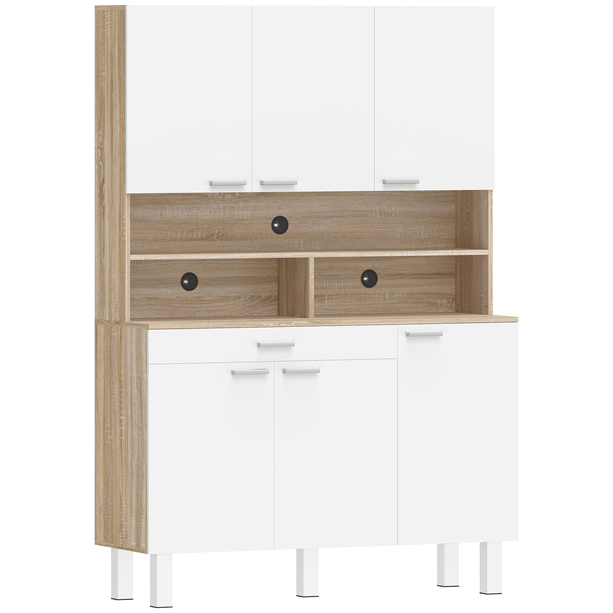 Buffet haut cuisine, armoire de cuisine, vaisselier, 6 portes, tiroir et étagères ouvertes, style moderne, meuble de rangement pour salon, salle à manger, 120x40x175cm, blanc et bois naturel