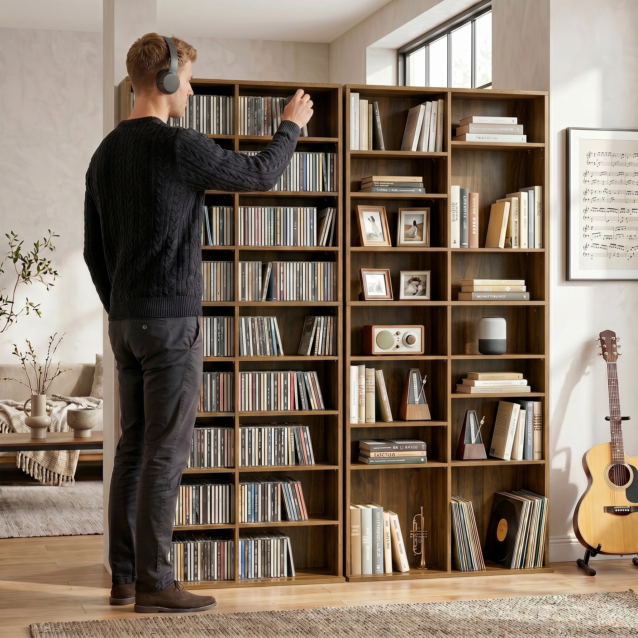 Rangements pour CD et DVD, meuble de rangement multimédia, capacité max. 640 CD/360 DVD et 430 Blu-ray, 18 compartiments 14 étagères réglables, pour salon, chambre, 78,5x24x175cm, noyer foncé