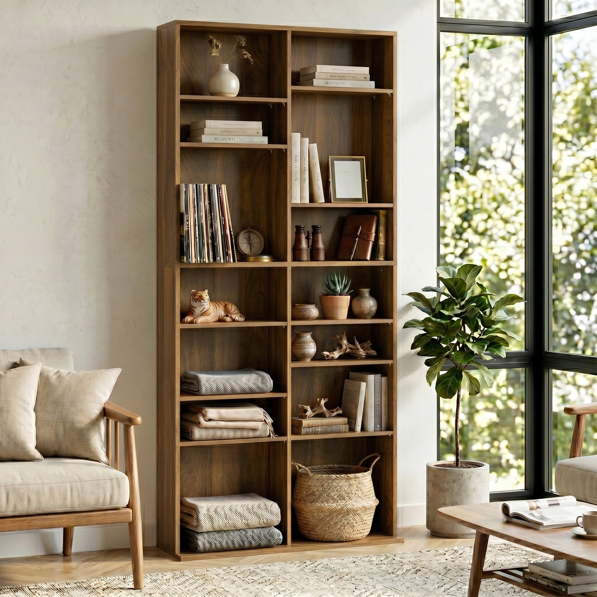 Rangements pour CD et DVD, meuble de rangement multimédia, capacité max. 640 CD/360 DVD et 430 Blu-ray, 18 compartiments 14 étagères réglables, pour salon, chambre, 78,5x24x175cm, noyer foncé