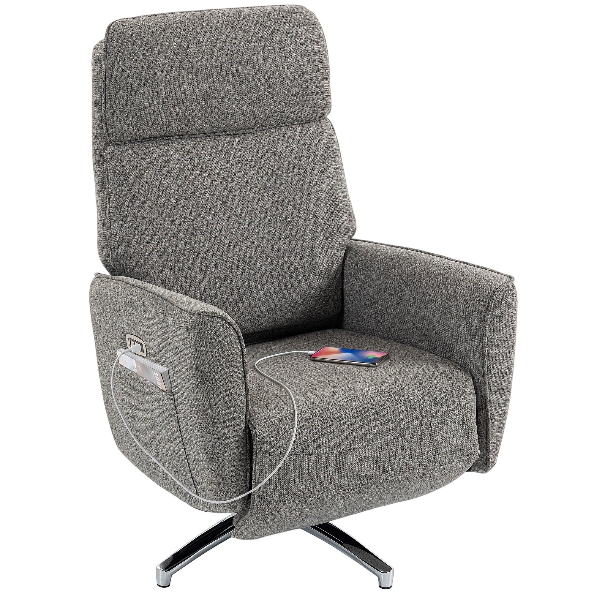 Fauteuil Relax Électrique Pivotant 360° avec Appui-Tête Réglable, Ports USB, Fauteuil Inclinable en Lin, 2 Moteurs, Repose-Pieds, Poches Latérales, Ressorts Ensachés, pour Chambre, Salon, Gris