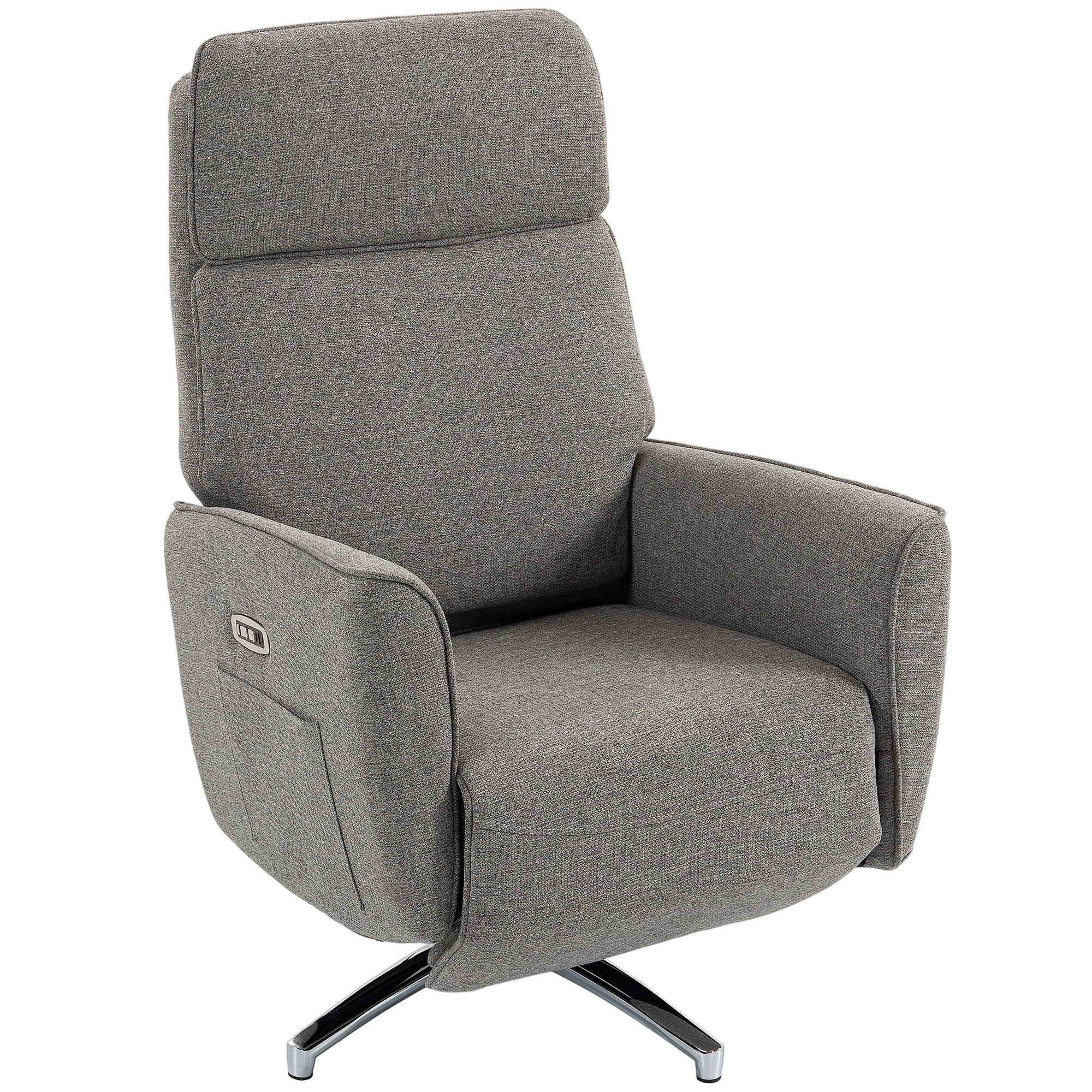 Fauteuil Relax Électrique Pivotant 360° avec Appui-Tête Réglable, Ports USB, Fauteuil Inclinable en Lin, 2 Moteurs, Repose-Pieds, Poches Latérales, Ressorts Ensachés, pour Chambre, Salon, Gris