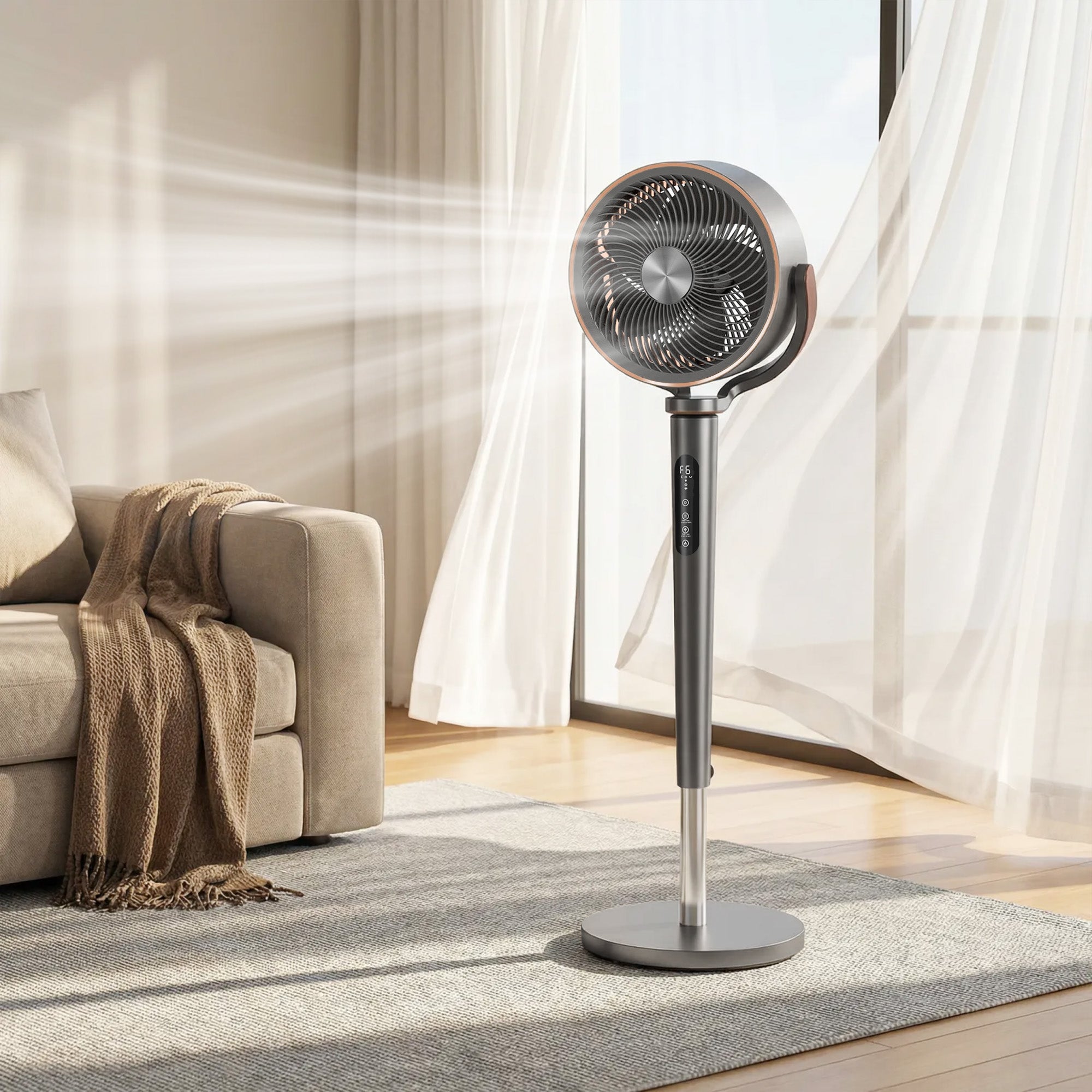 Ventilateur sur pied silencieux 20 dB pour chambre, télécommande, circulateur d'air, oscillation 70°+90°, 12 vitesses, minuterie 12H, lumière LED, moteur BLDC puissant, hauteur réglable, gris
