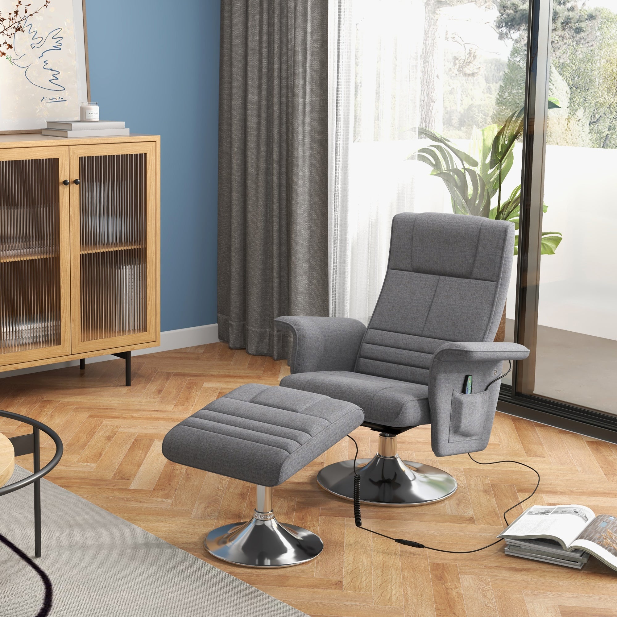 Fauteuil relax massant par vibrations avec pouf, fauteuil TV avec fonction chaise longue, siège pivotant à 360° assise rembourrée confortable, pour salon, chambre, tissu effet lin, gris foncé