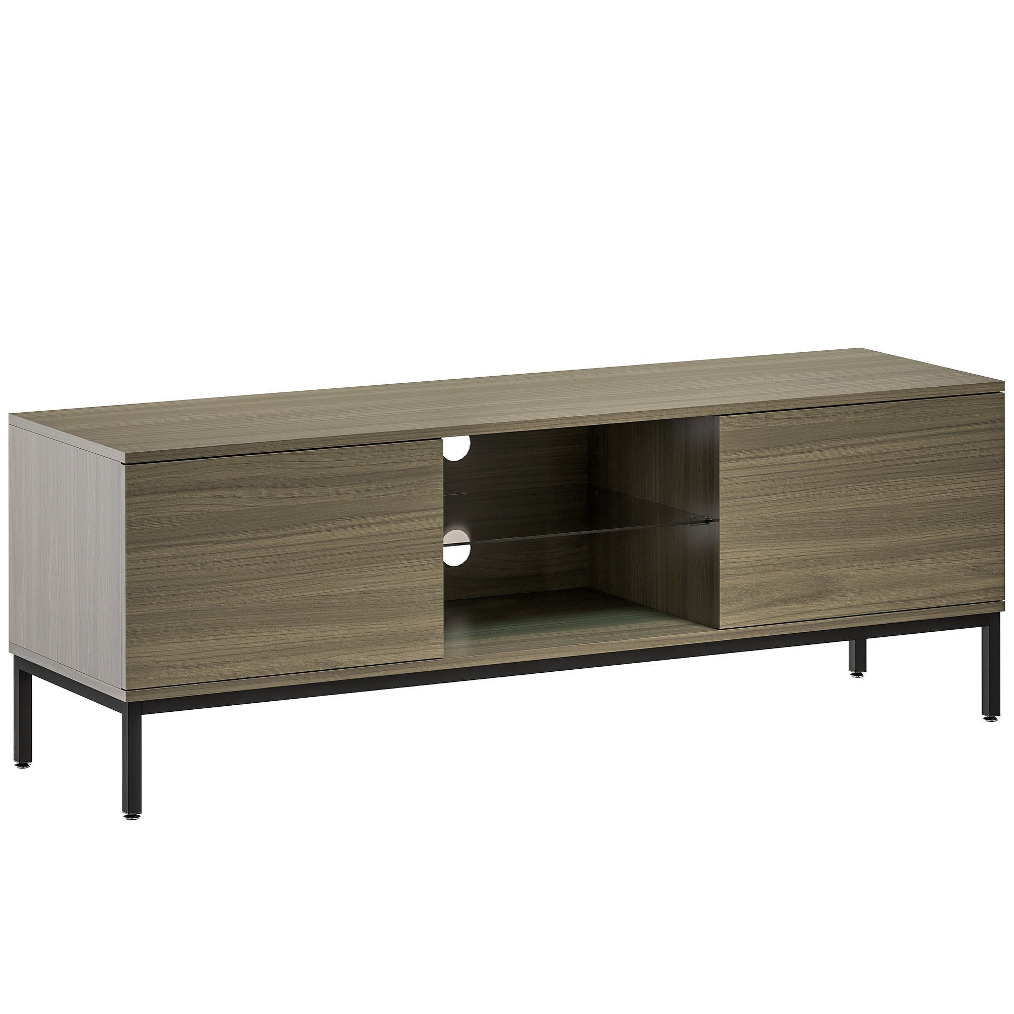 Meuble TV 140 cm, meuble télé pour téléviseur jusqu'à 60 pouces avec 2 portes et étagère en verre réglable, banc TV moderne pour salon, chambre à coucher, gris