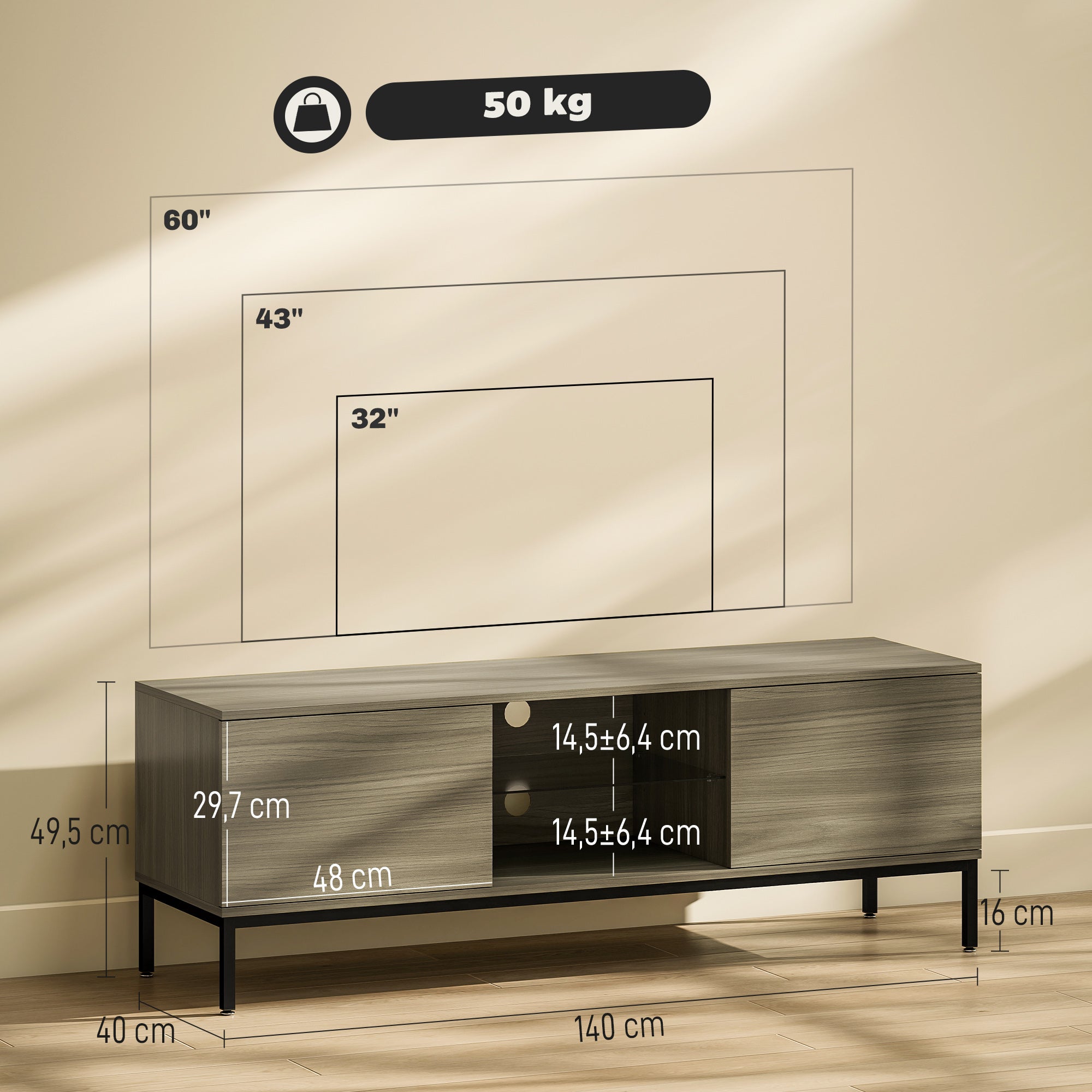 Meuble TV 140 cm, meuble télé pour téléviseur jusqu'à 60 pouces avec 2 portes et étagère en verre réglable, banc TV moderne pour salon, chambre à coucher, gris