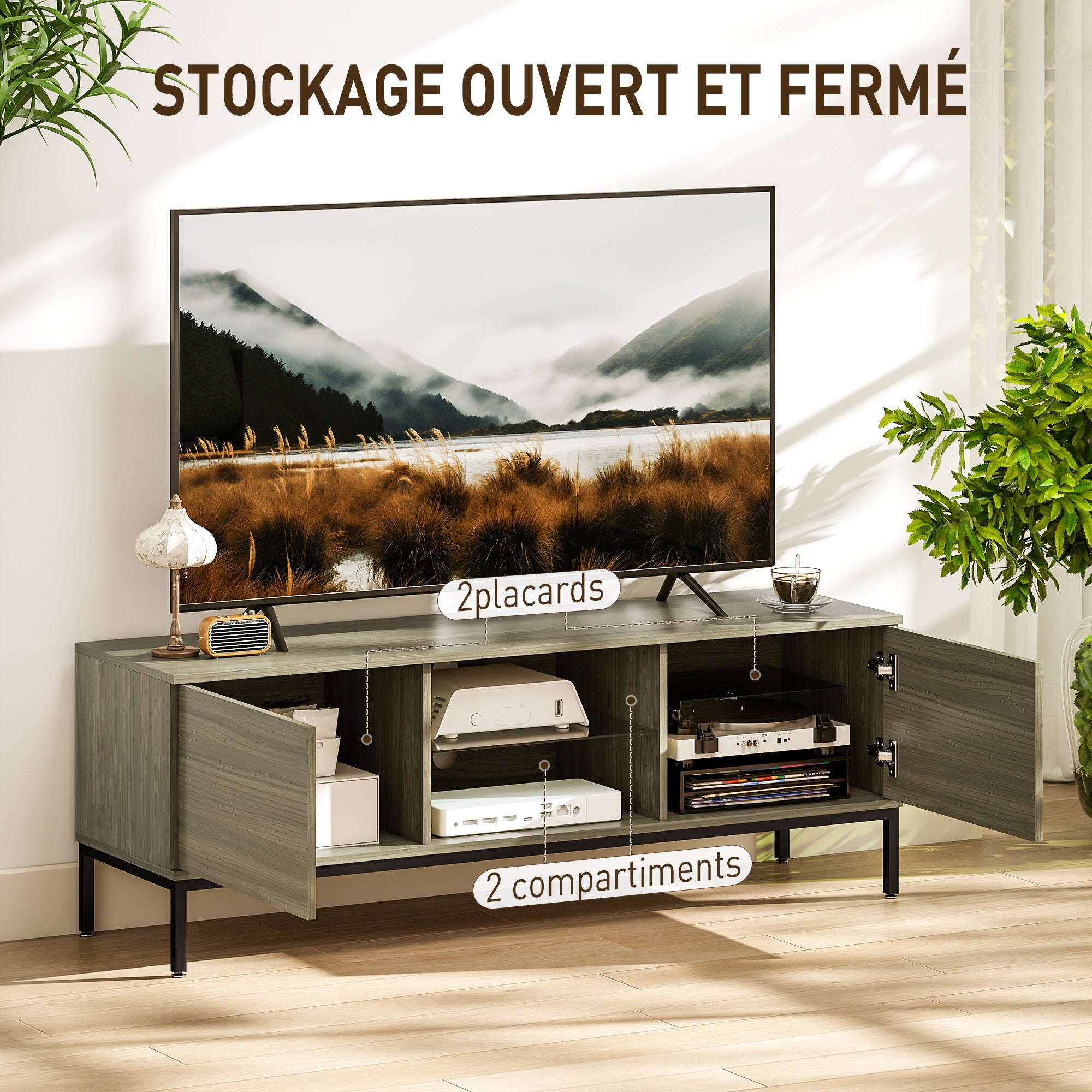 Meuble TV 140 cm, meuble télé pour téléviseur jusqu'à 60 pouces avec 2 portes et étagère en verre réglable, banc TV moderne pour salon, chambre à coucher, gris