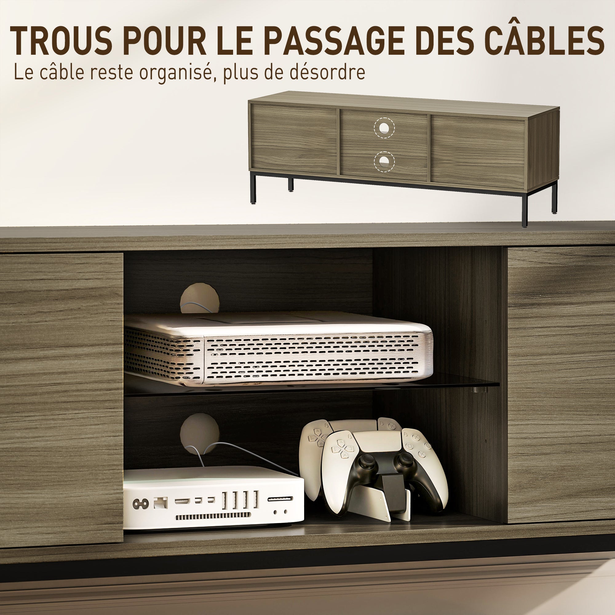 Meuble TV 140 cm, meuble télé pour téléviseur jusqu'à 60 pouces avec 2 portes et étagère en verre réglable, banc TV moderne pour salon, chambre à coucher, gris