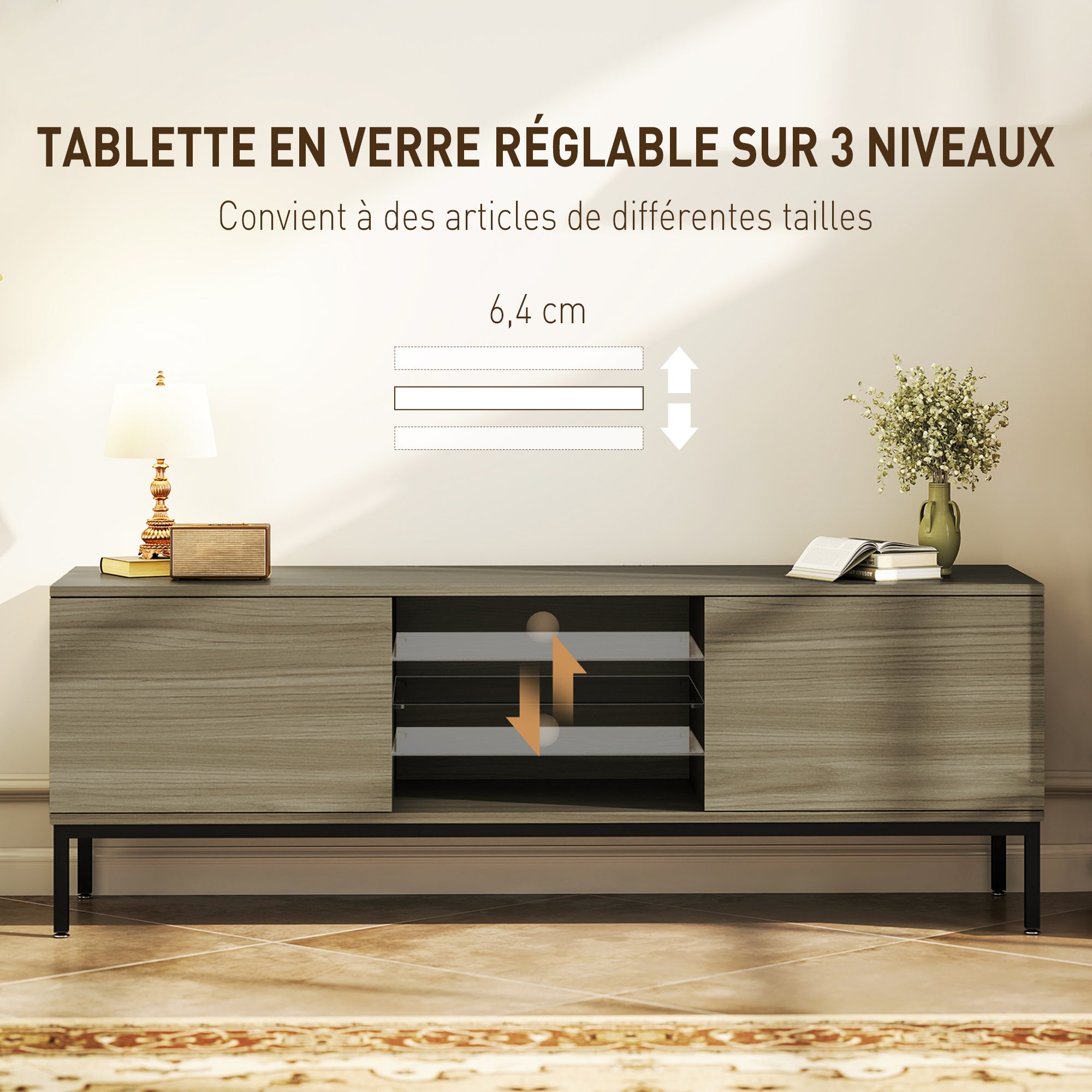 Meuble TV 140 cm, meuble télé pour téléviseur jusqu'à 60 pouces avec 2 portes et étagère en verre réglable, banc TV moderne pour salon, chambre à coucher, gris