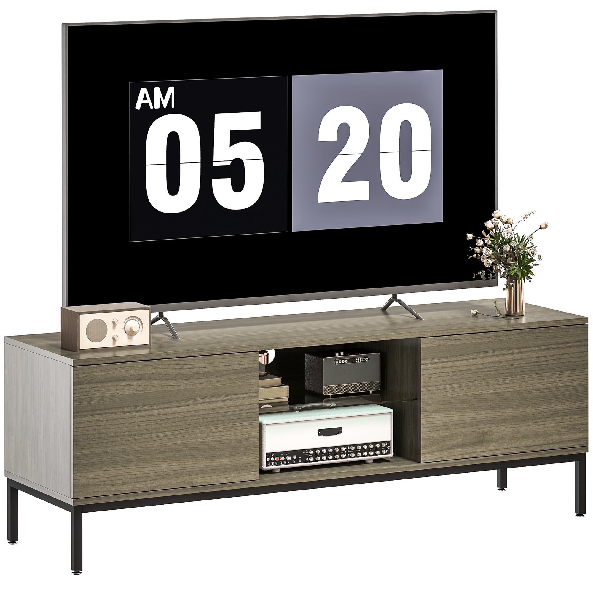Meuble TV 140 cm, meuble télé pour téléviseur jusqu'à 60 pouces avec 2 portes et étagère en verre réglable, banc TV moderne pour salon, chambre à coucher, gris