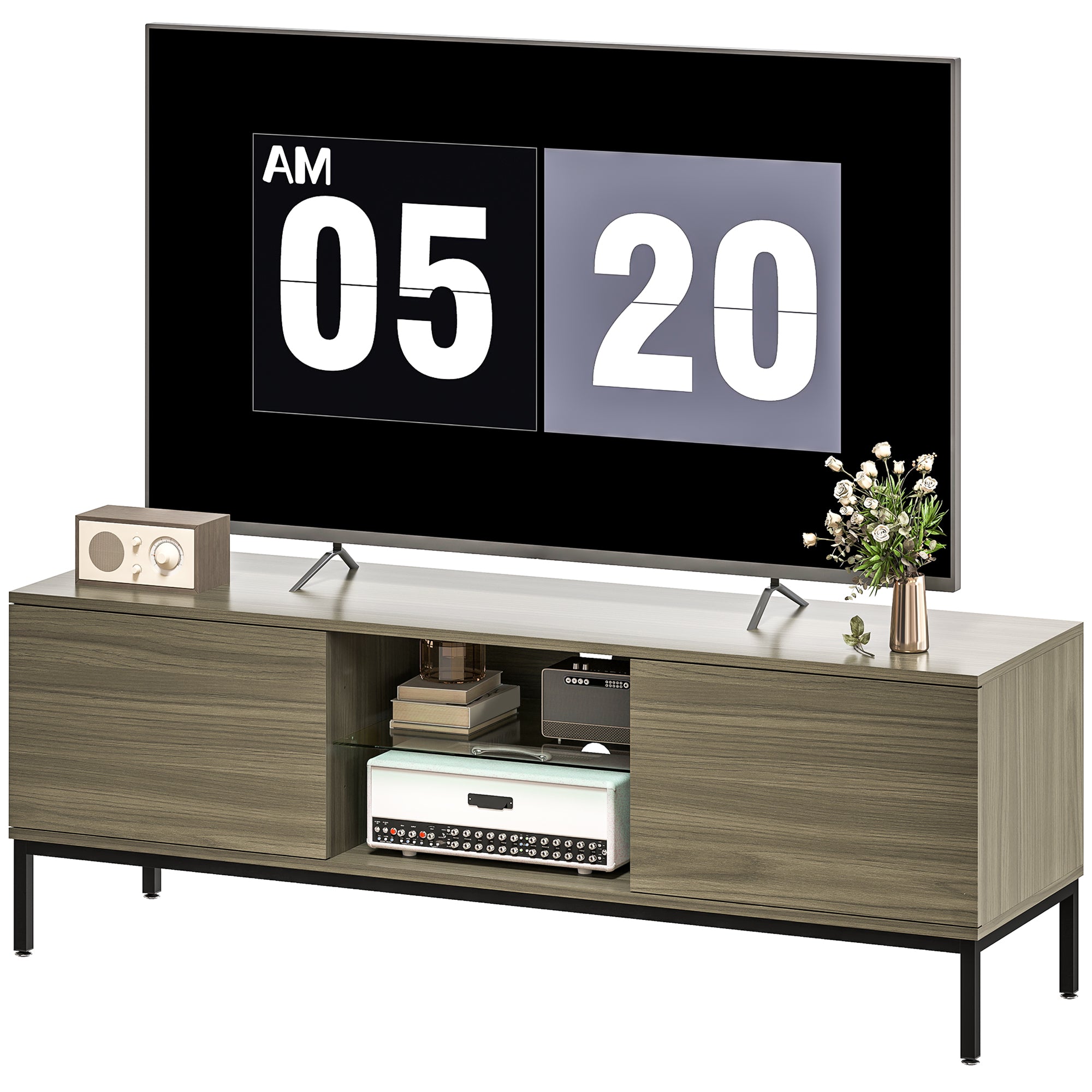 Meuble TV 140 cm, meuble télé pour téléviseur jusqu'à 60 pouces avec 2 portes et étagère en verre réglable, banc TV moderne pour salon, chambre à coucher, gris
