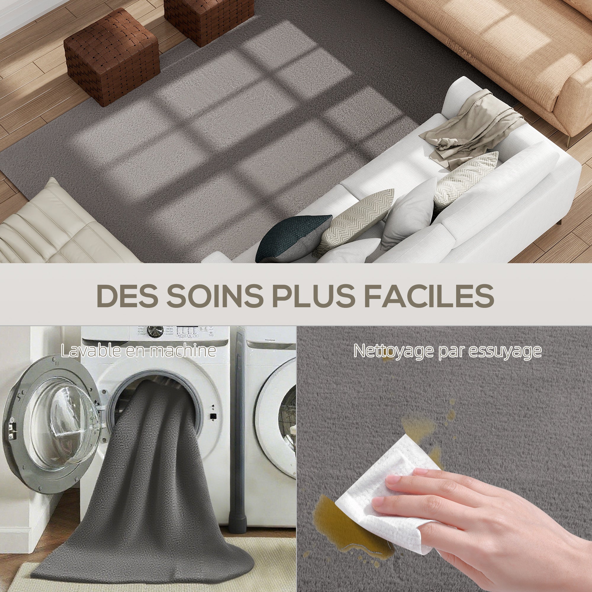 Tapis salon 200 x 140 cm tapis à poils longs, lavable en machine, antidérapant, en fausse fourrure, pour salon, chambre à coucher, bureau, gris clair