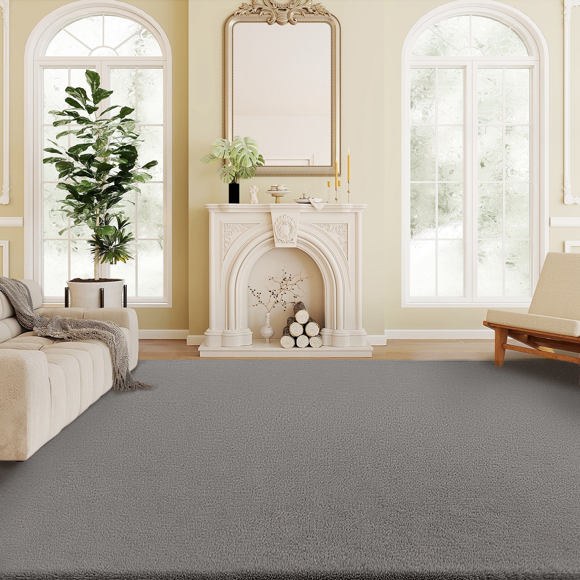 Tapis salon 200 x 140 cm tapis à poils longs, lavable en machine, antidérapant, en fausse fourrure, pour salon, chambre à coucher, bureau, gris clair