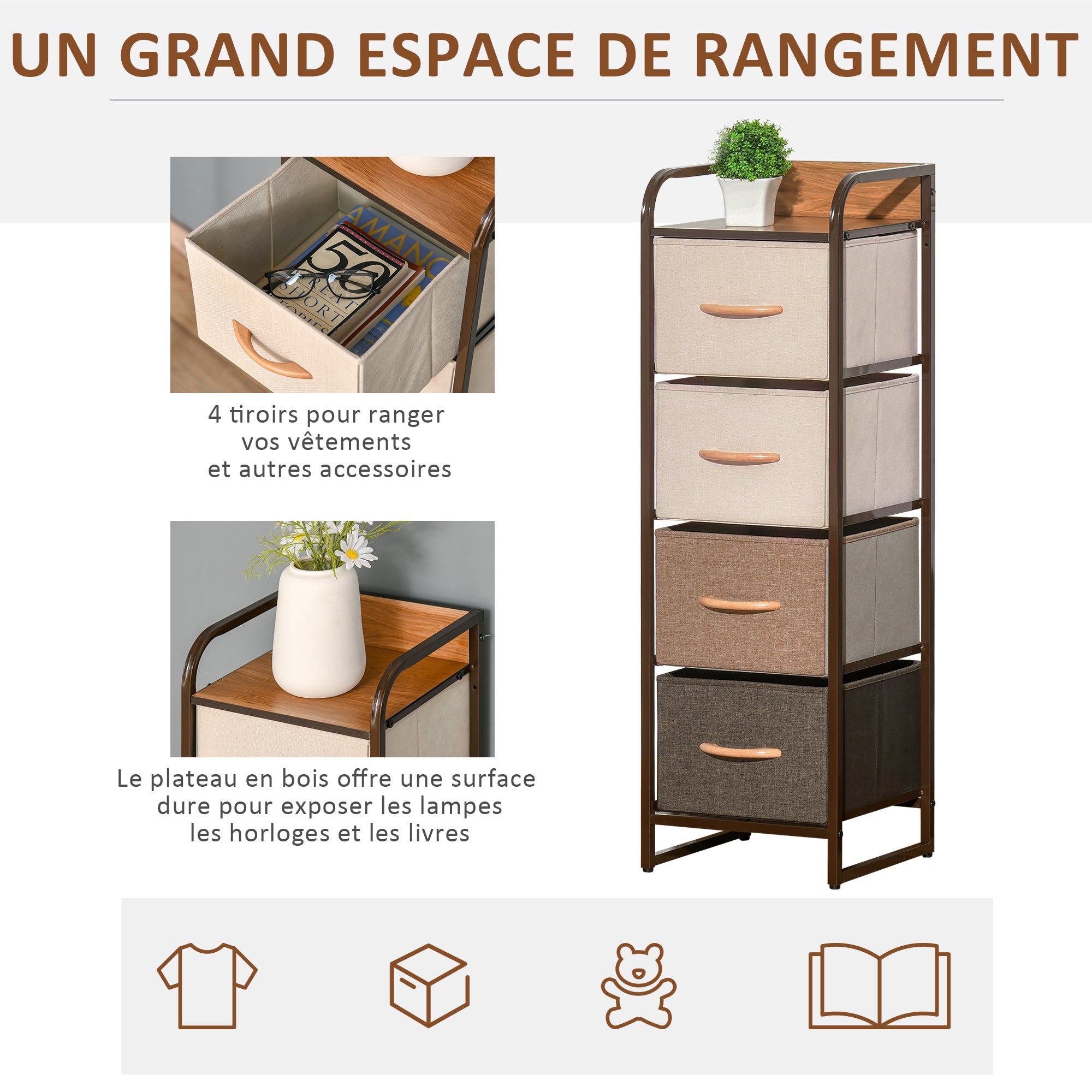 Commode Meuble de Rangement 5 tiroirs en tissu pliant - structure acier noir - 45 x 30 x 116 cm beige, marron
