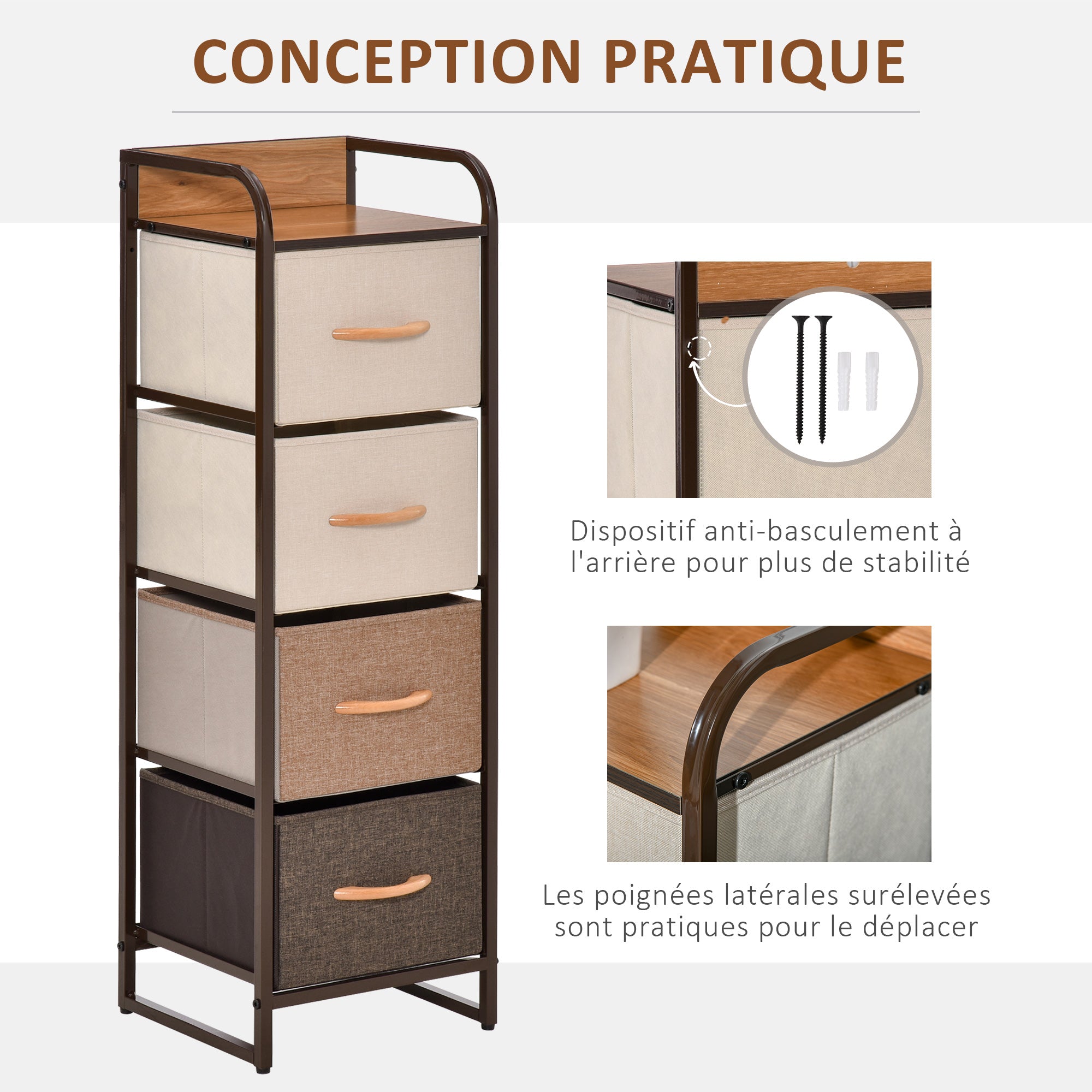 Commode Meuble de Rangement 5 tiroirs en tissu pliant - structure acier noir - 45 x 30 x 116 cm beige, marron
